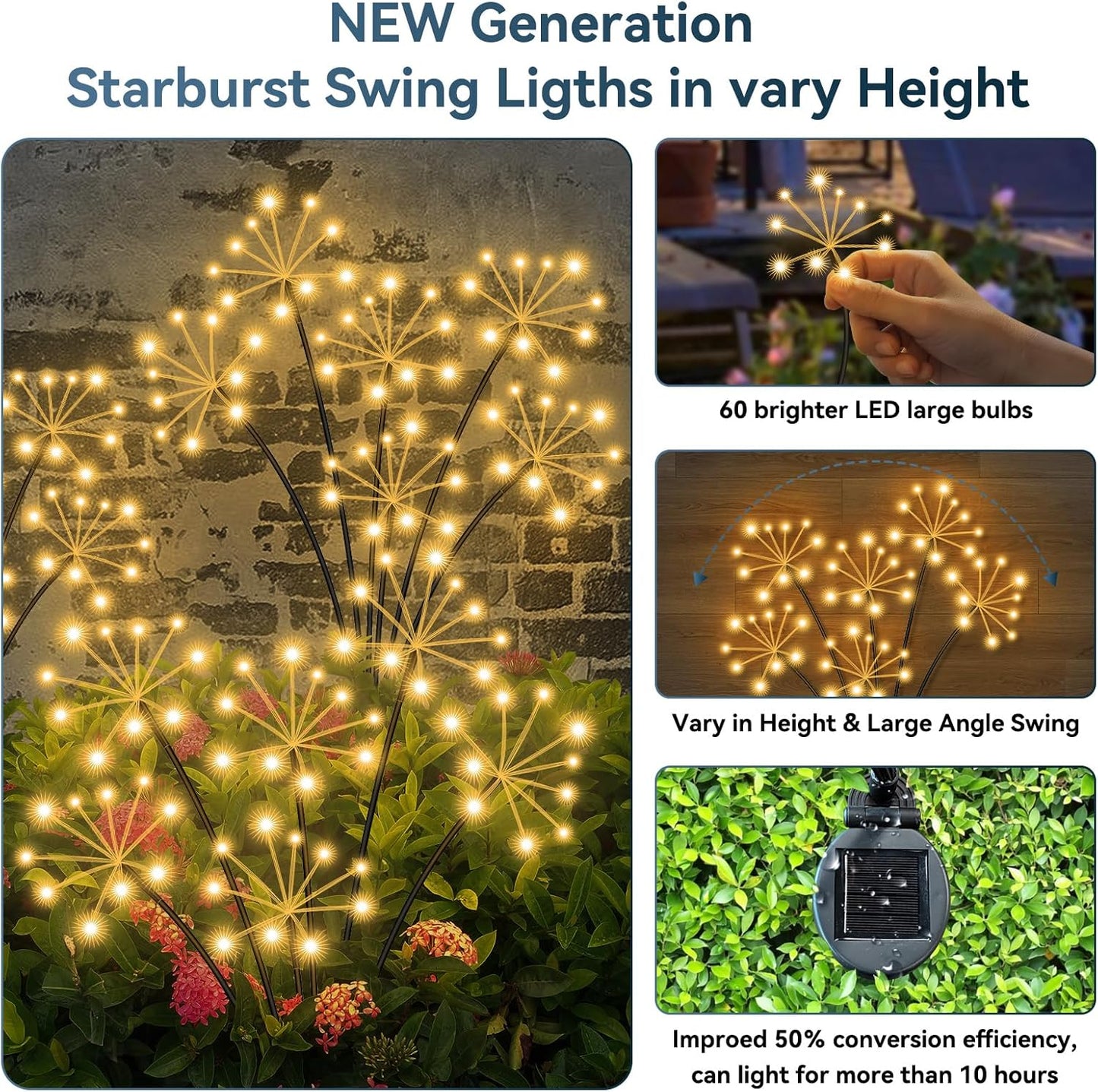 Solar Garden Lights 2 Pack Waterproof Swaying Starburst Light Solar Outdoor Lights for Yard Patio Walkway Pathway Party Wedding Decoration, Unique Gifts for Women, Warm White