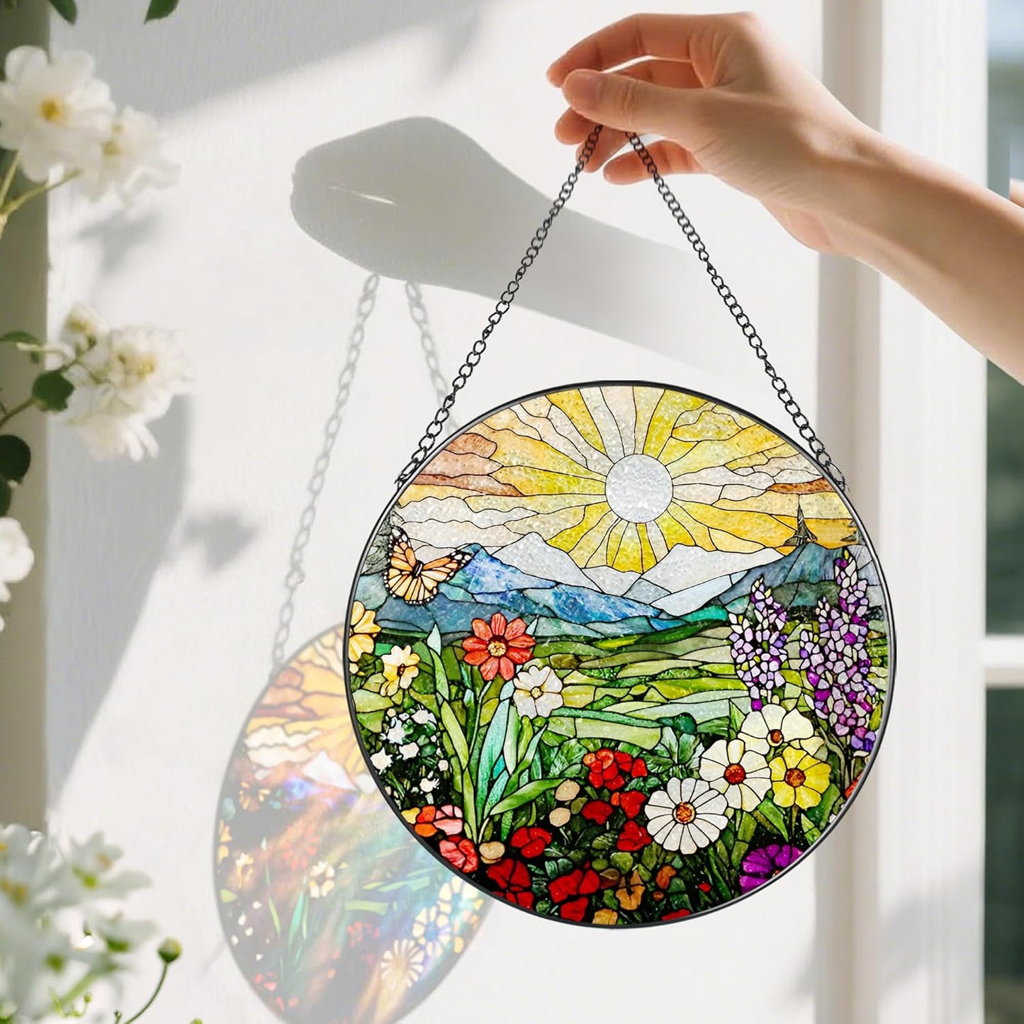 8 Inch Mountain Wildflowers Stained Glass Suncatcher, Suncatchers for Windows Hanging, Window Decor, Grandma Mom Gift for Her, Mother's Day Christmas Birthday