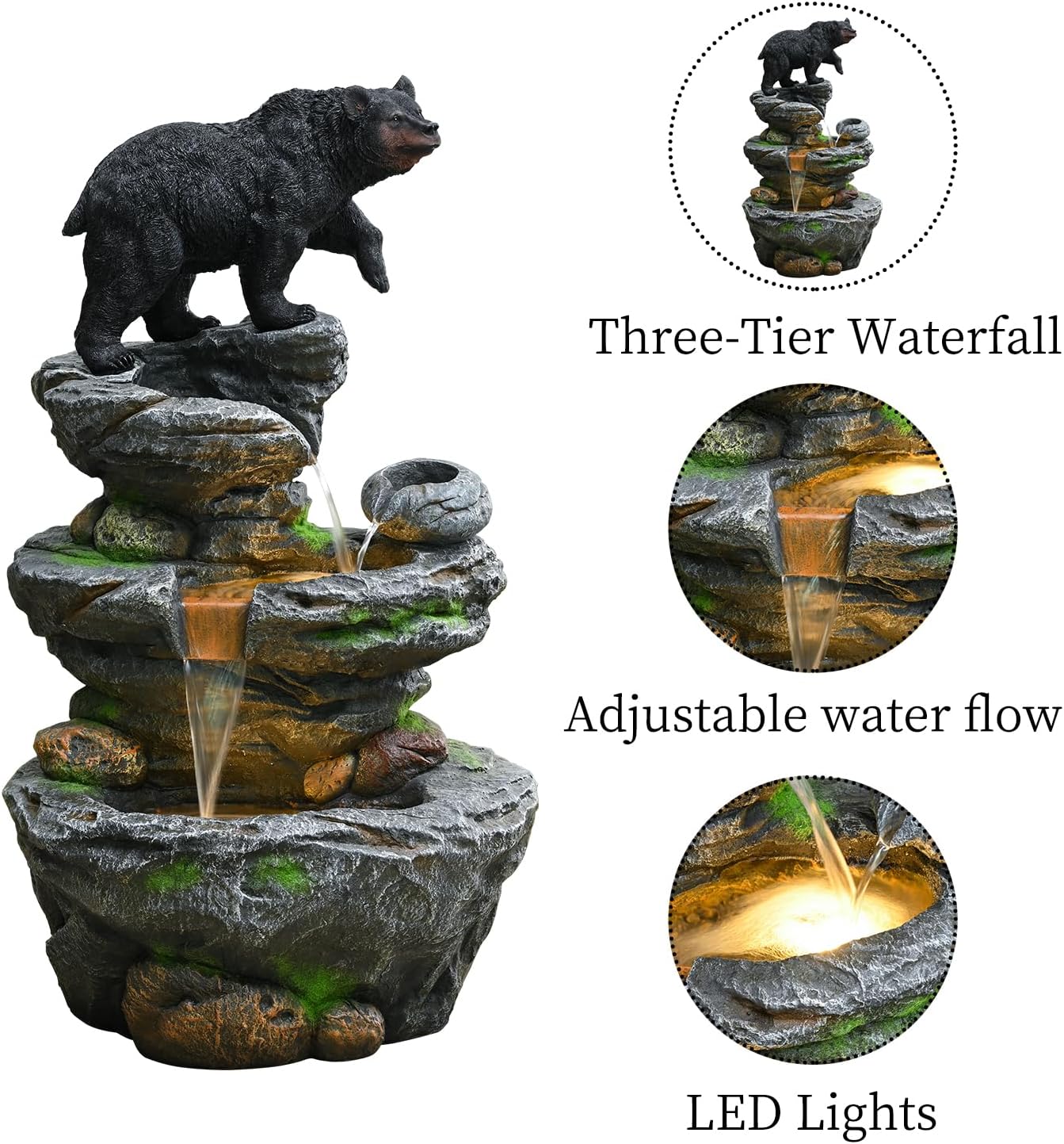 44" Outdoor Fountains and Waterfalls LED - Patio Water Fountains Outdoor for Outdoor Gardens Backyards Lawns Balconies Landscaping and Outdoor Living Spaces