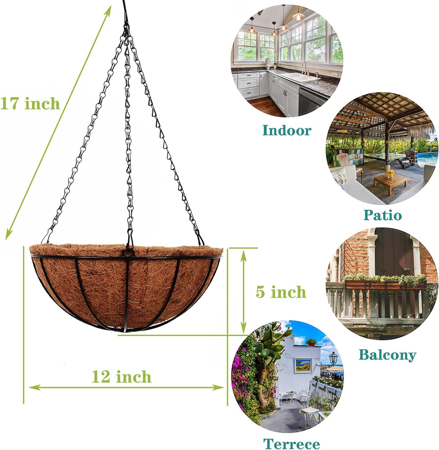 Hanging Baskets for Plants Outdoor(12 inch 4 Pack)- Coconut Coir Hanging Planters Outdoor,Metal Wire Baskets with Coco Liner, Hanging Pots for Plants Indoor, Flower Pots for Railings
