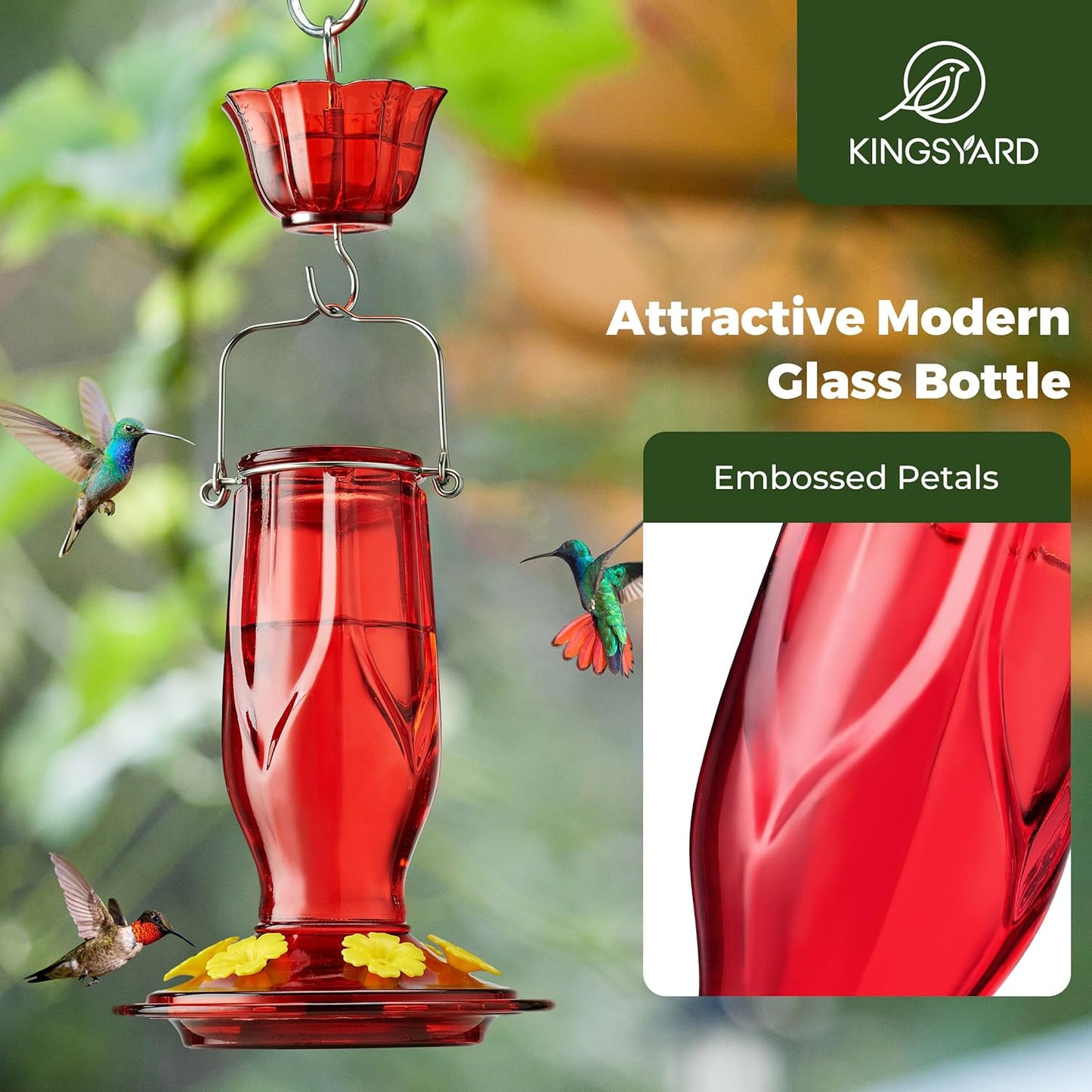 Kingsyard Glass Hummingbird Feeders for Outdoors Hanging, 6 Feeding Ports 16 Ounces Leakproof Bird Nectar Feeder for Garden Porch Fall Decorations, Easy to Refill & Clean, Ant Moat Included, Red