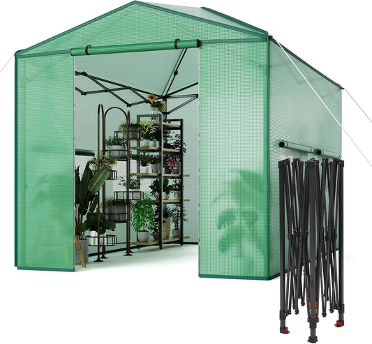 8 X 12 FT Portable Greenhouse for Indoor & Outdoor Plants, 96 X 144 Inches Durable PE Cover Pop-Up Green House Kit with Zippered Doors, Mesh Windows,Grow Tent for All Seasons - Easy to Assemble,Green