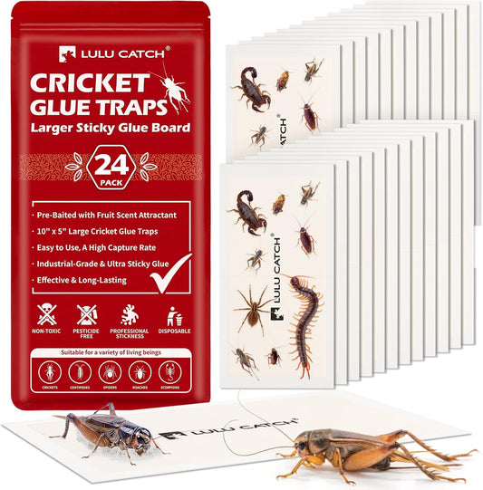 LULUCATCH Cricket & Insect Glue Traps 24 Pack, Adhesive Bug Catcher, Pre-Baited Spider Scorpion Trap, Non-Toxic Glue Boards Indoor for Home Catching Bugs,Small Mice & Rodents, Pet Safe Pest Control