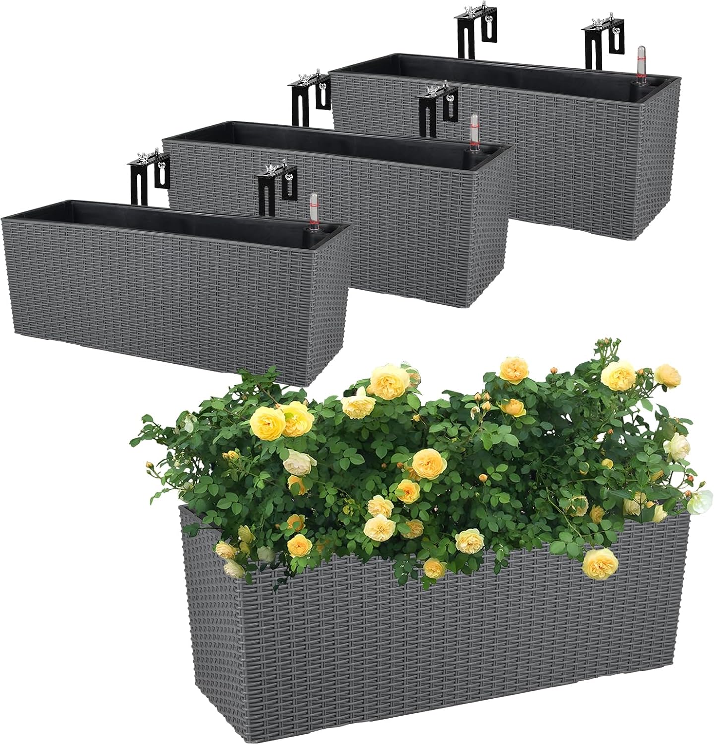 Aoodor 4Pcs 19.5" Rectangular Window Box Wall Mount/Railing Planter, Self-Watering Planter with Adjustable Bracket, for Fence, Balcony, Patio, and Outdoor Decor - Grey