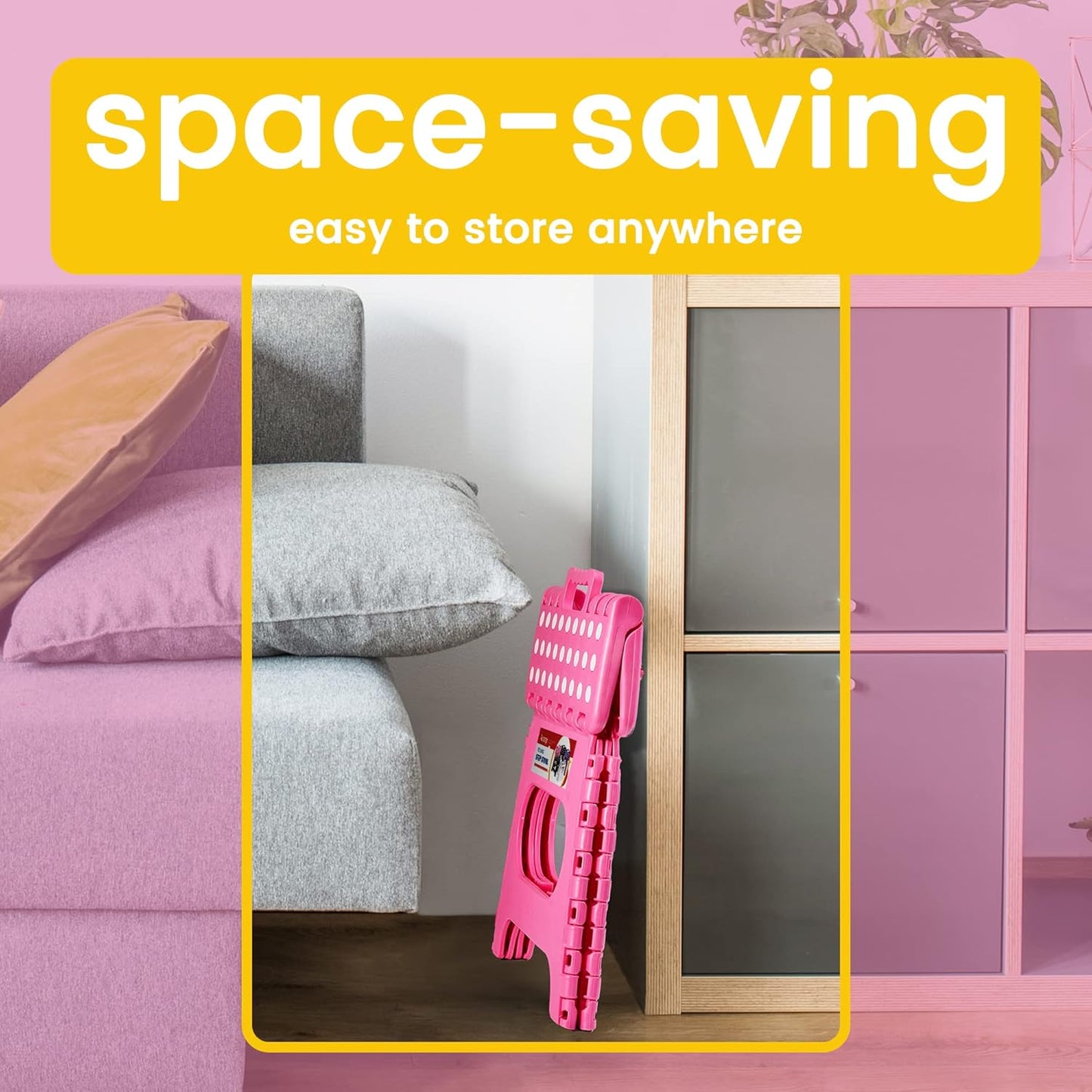 ACSTEP Folding Step Stool for Adults-11 Height Lightweight Plastic Stepping Stool. Foldable Step Stool Hold up to 300lbs Non Slip Collapsible Stool Pink