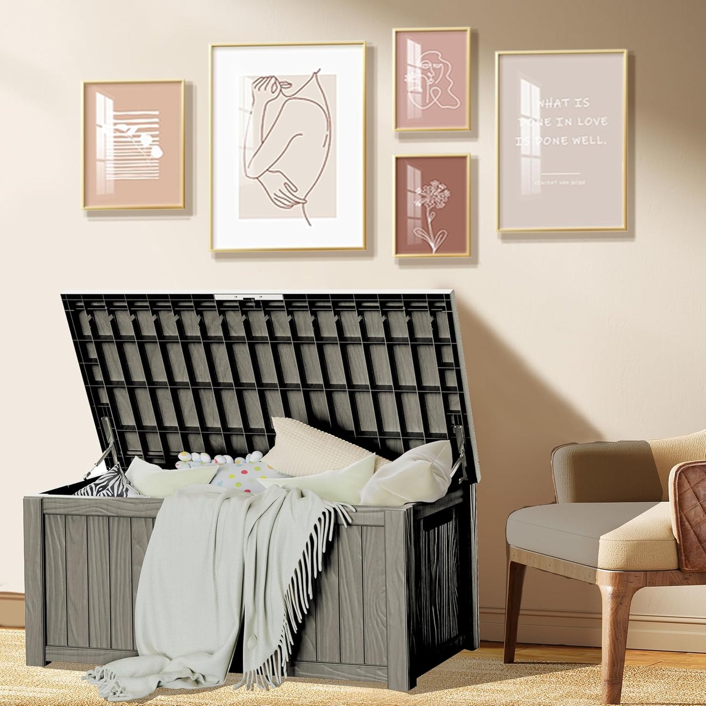 150 Gallon Outdoor Storage Box Waterproof Large Resin Deck Box Indoor/Outdoor Lockable Storage Container and Seating for Garden, Pool, and Patio (150 Gallon, Grey)