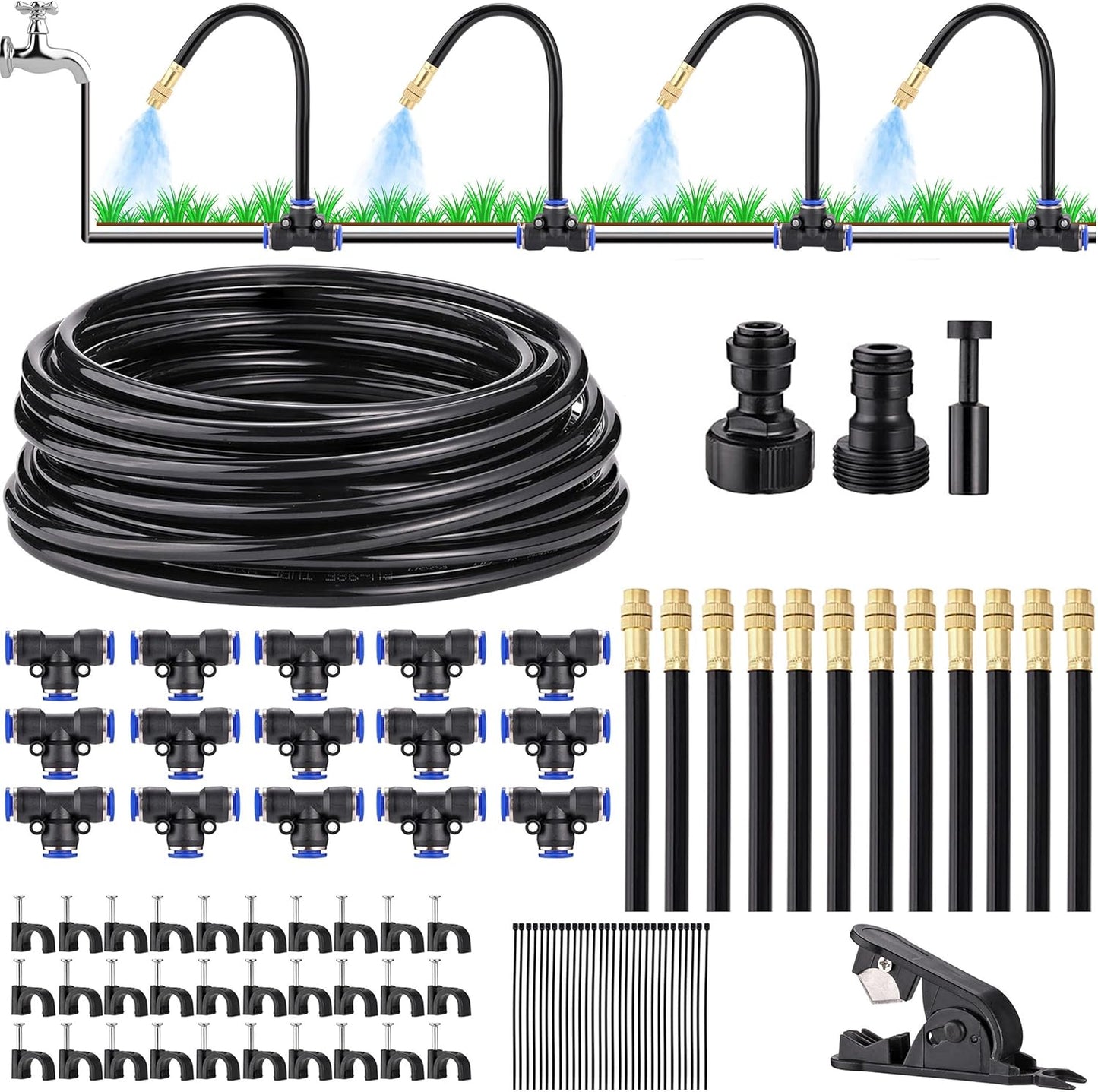 Mornajina Automatic Drip Irrigation Kits Garden Irrigation System, Includes 66FT 5/16 inch Irrigation Tubing Hose & 20Pcs 360° Bending Dropper Atomizing Mist Nozzles Tee for Garden Watering System