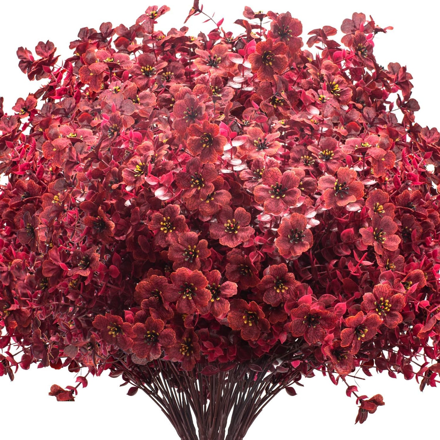 16 Bundles Artificial Boxwood Flowers Outdoor UV Resistant, 13.5" Fall Faux Greenery for Porch Planters Thanksgiving Decor - Fake Plants for Garden, Fireplace, Front Door(Wine Red)