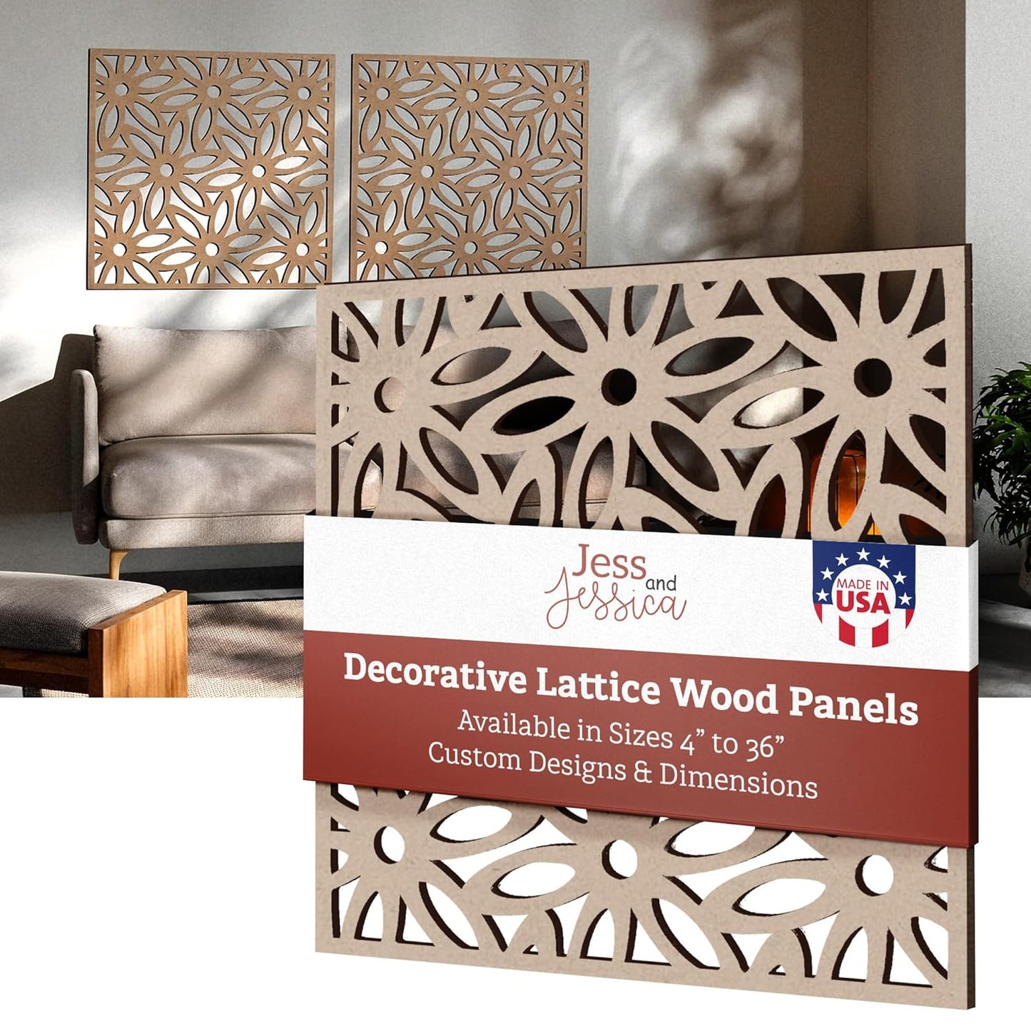 Jess and Jessica Lattice Panels-Decorative Wood Panels, Wood Lattice Panels for Outside, Privacy Screen for Patio Outdoor, Window, Cabinets, Fretwork Wall Panels- Custom Size Lattice Panel Screen