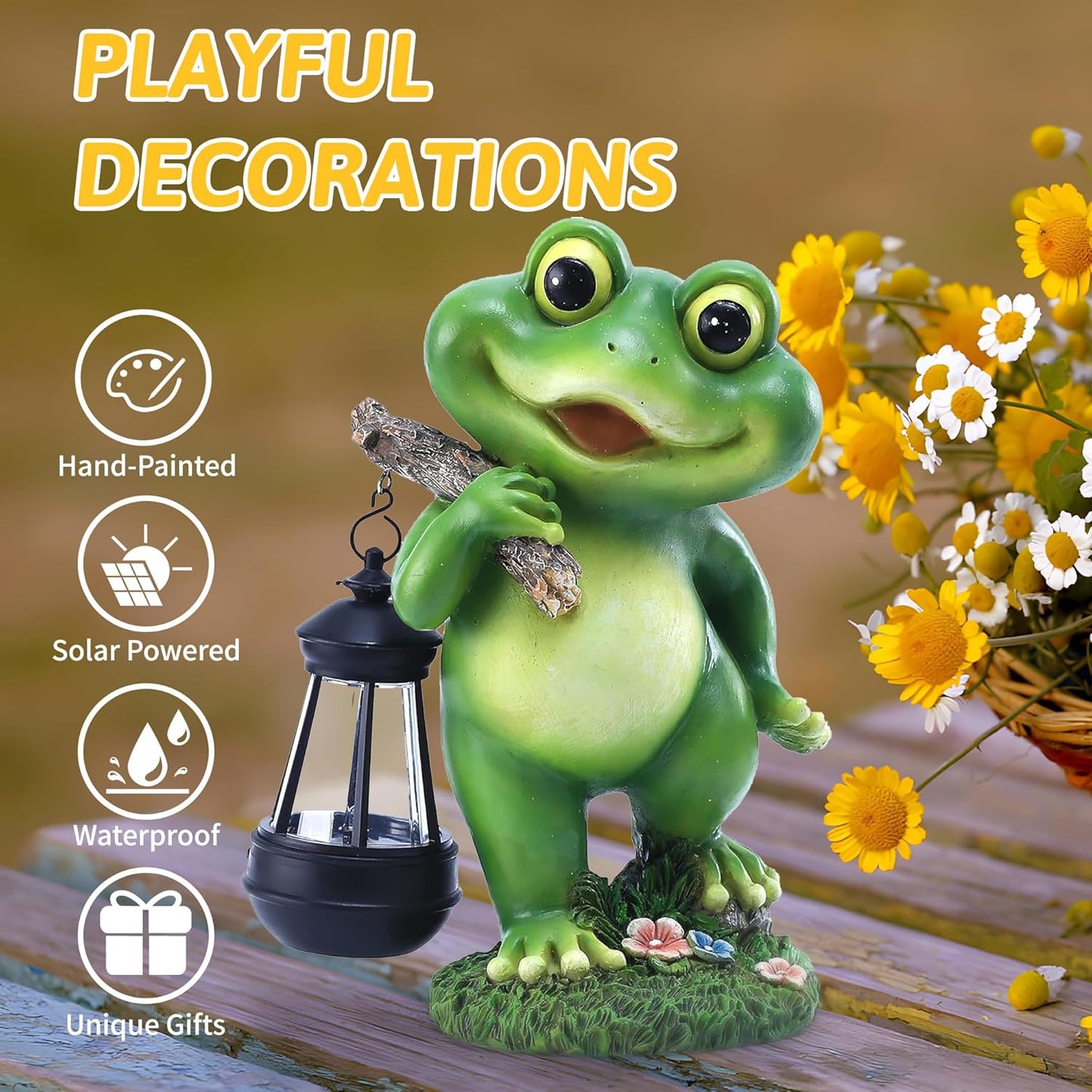 Outdoor Frog Garden Decor: 11'' Yard Decoration with LED Lantern Funny Solar Frog Statue Gifts for Women Mother's Day Housewarming Gift