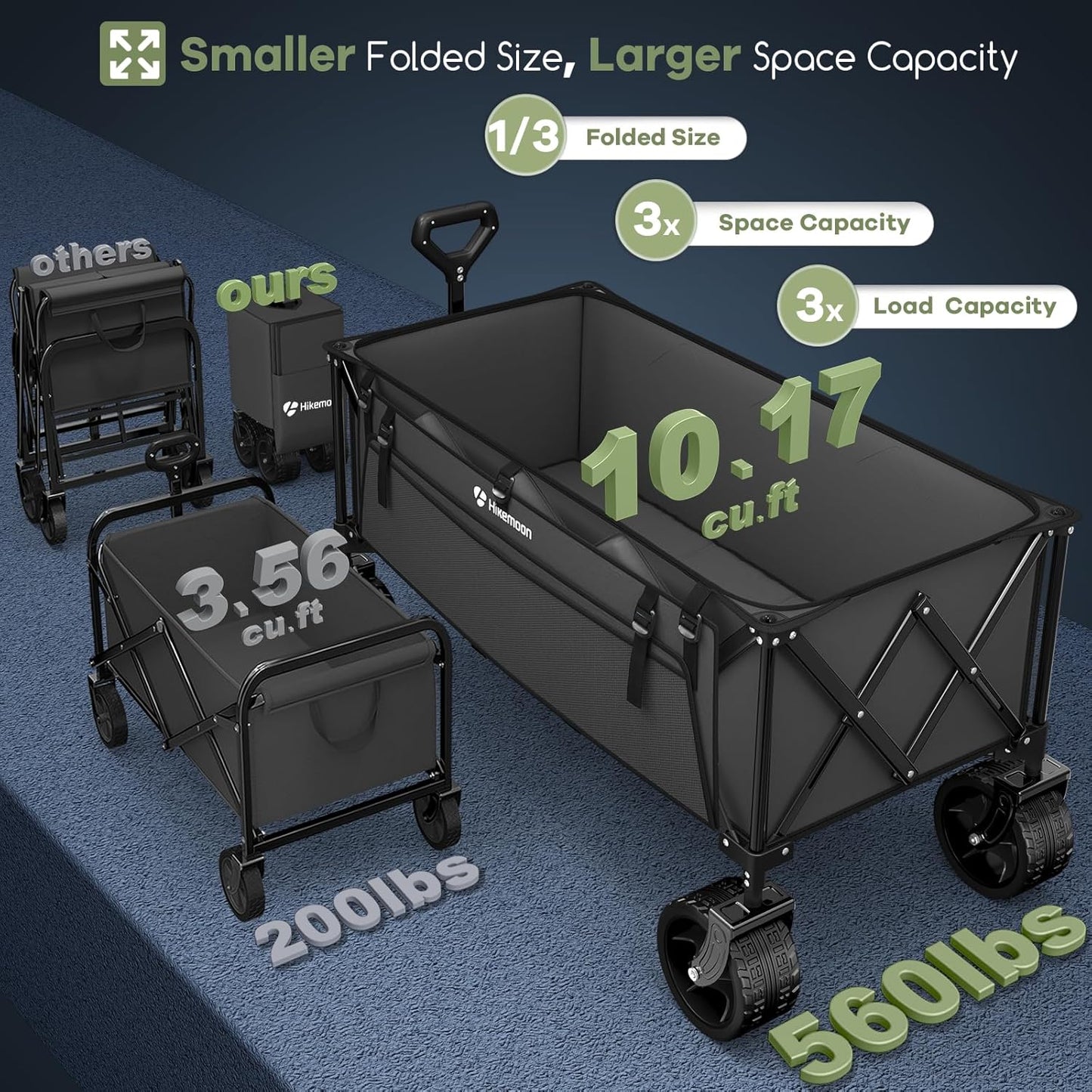 300L Extra Large Wagons Carts Foldable, 560LBS Heavy Duty Collapsible Beach Wagon 48" Long with Big All-Terrain Wheels, Utility Folding Cart for Camping, Grocery, Sports, Garden, Grey