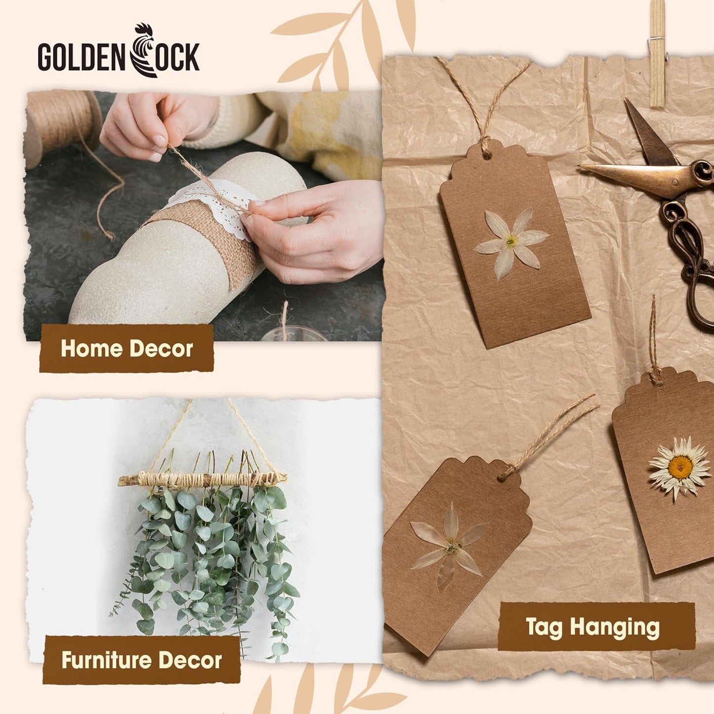 2mm - 600FT Natural Jute Twine Rope String - for Crafts Gardening Plant Accessories Gift Wrapping, Arts Packing Material Christmas Twine Bulk Wedding Decor