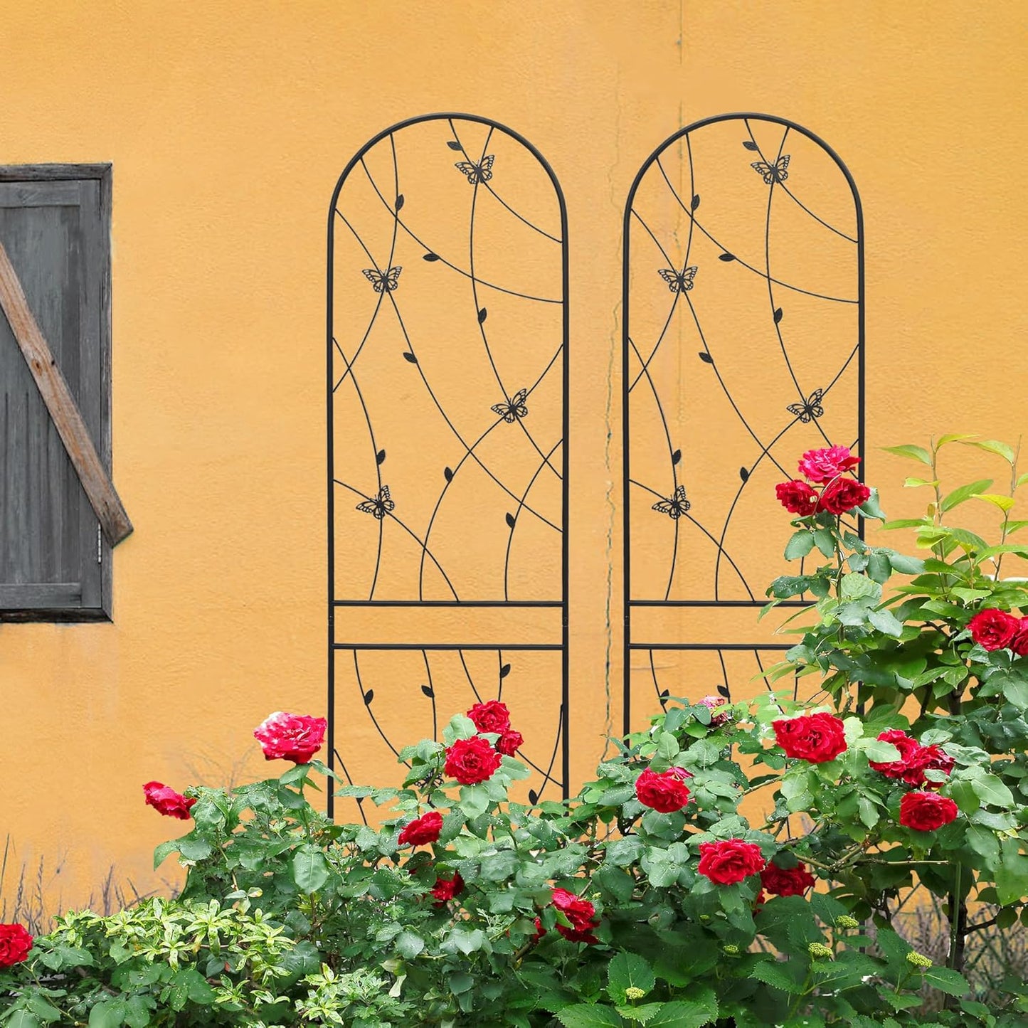 4 Pack Metal Garden Trellis for Climbing Plants, 86.7" Tall Rustproof Outdoor Trellis Panel with Butterfly Design, Decorative Black Iron Plant Support for Vine, Rose, Flower, Garden Wall