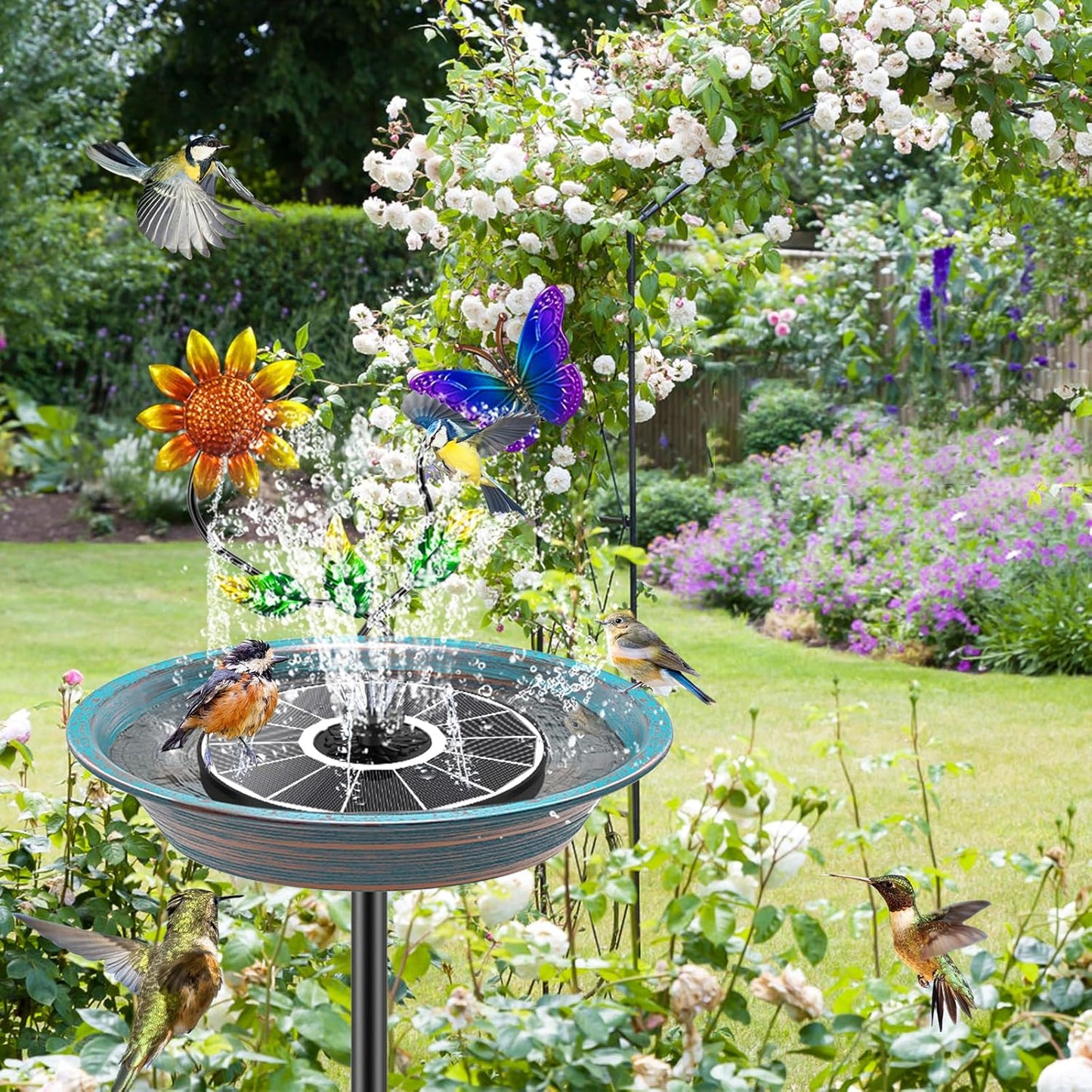 Bird Bath for Outside, Metal Birdbath Bowl Decorated Metal with 5 Prong Base Stand Outdoor Bird Baths Bird Feeder Garden Decor Yard Art (A-Blue)