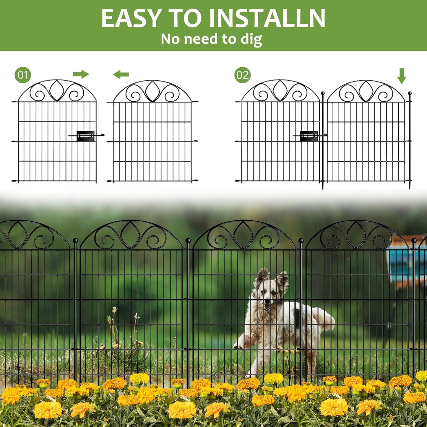 10 Panels No Dig Tall Garden Fence with Gate – 44" H X 23.6' L Rustproof Metal Dog Fence Outdoor for Yard, Decorative Animal Barrier Fence for Pet, Garden Border, Patio, Flower | Temporary Fencing