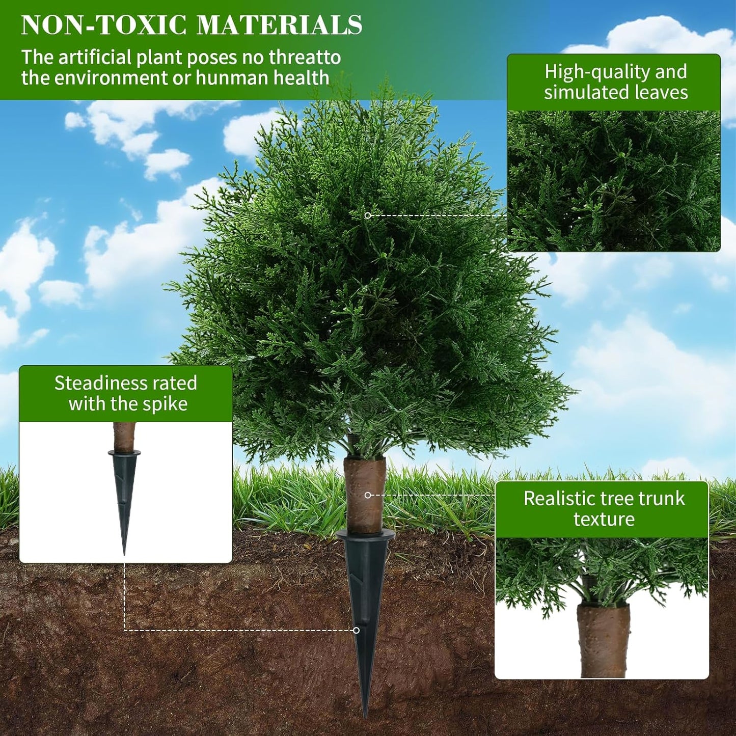 Artificial Cedar Topiary Ball Trees with Ground Spike, 20" UV Resistant Artificial Shrubs, Fake Evergreen Artificial Plant Brush for Indoor Outdoor Front Porch Garden, 1 Pack