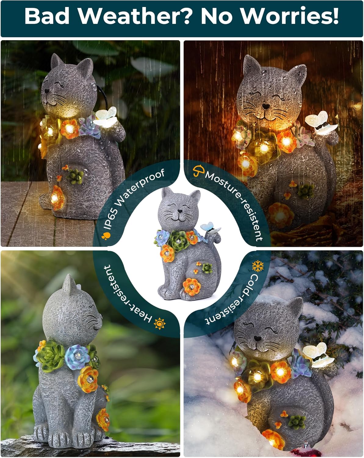 Solar Garden Statues Outdoor Decor, 6 LED Cat Flowers Butterfly Figurine Lights, Waterproof for Balcony Patio Porch Lawn Yard Ornament Art - Gift Ideas for Housewarming Gardening Grandma Women