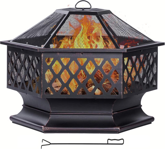 33 Inch Outdoor Fire Pit, Hexagon Shaped Wood Burning Firepit for Outside Bonfire, Patio, Backyard and Camping (Antique Bronze)