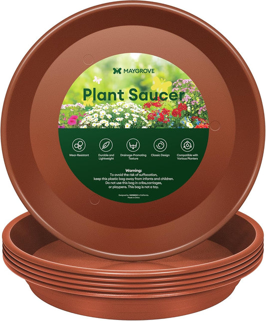 6 Pack Plant Saucer, 8 10 12 inch Plant Saucers for Indoor, Heavy Duty Plastic Plant Trays for pots, Grow Bags, Bird Baths, Flower Drip Trays for Indoor and Outdoor Uses (10", Brown)