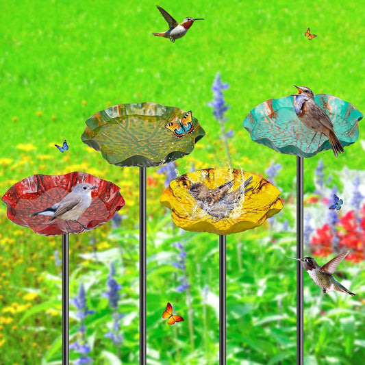 4PCS Hummingbird Bird Bath for Outside, Freestanding Metal Flower BirdBaths Bowl with Stake, Detachable Birdfeeder for Outdoor Yard Lawn Garden Decor (4PCS-Red-Yellow-Blue-Green)