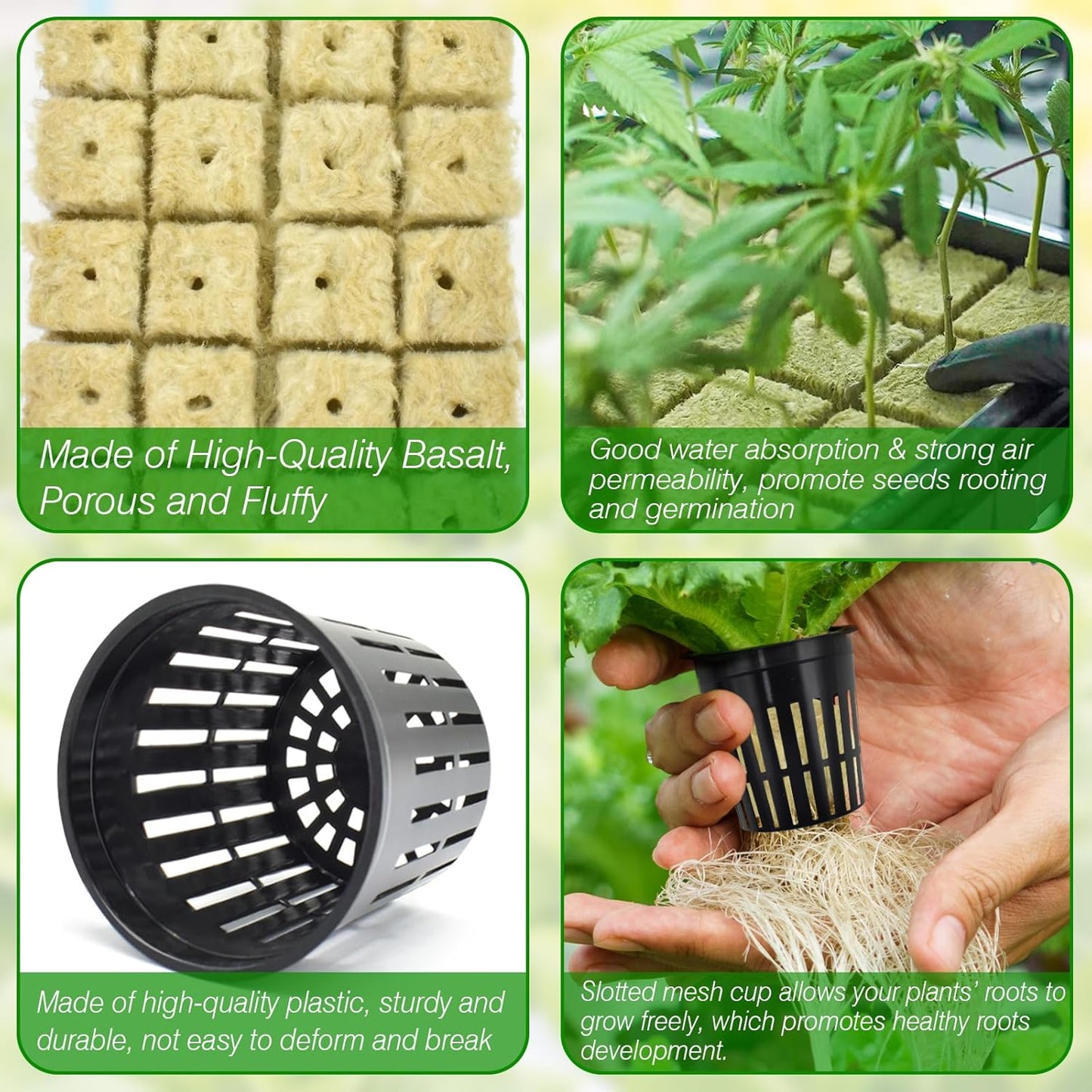 Halatool 48 x 2-Inch Rockwool Cubes & 48 x 3-Inch Net Cups - Hydroponics Starter Kit for Plants Cloning, Seed Starting, and Patio Gardening - Durable, Effective, Great Gift Option