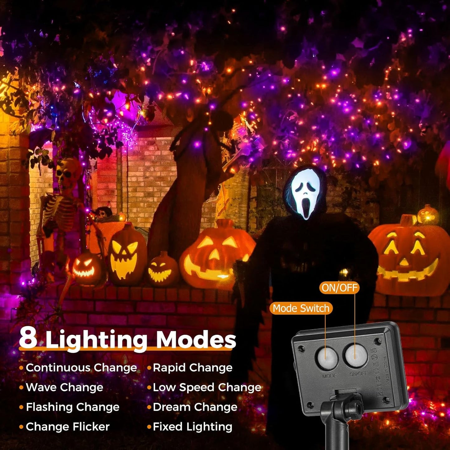 btfarm 2 Pack Solar Halloween String Lights Outdoor, Orange Purple 160LED 66FT Solar Fairy Lights Outside Waterproof, 8 Modes Solar Powered Twinkle Lights for Tree Garden Patio Halloween Decorations