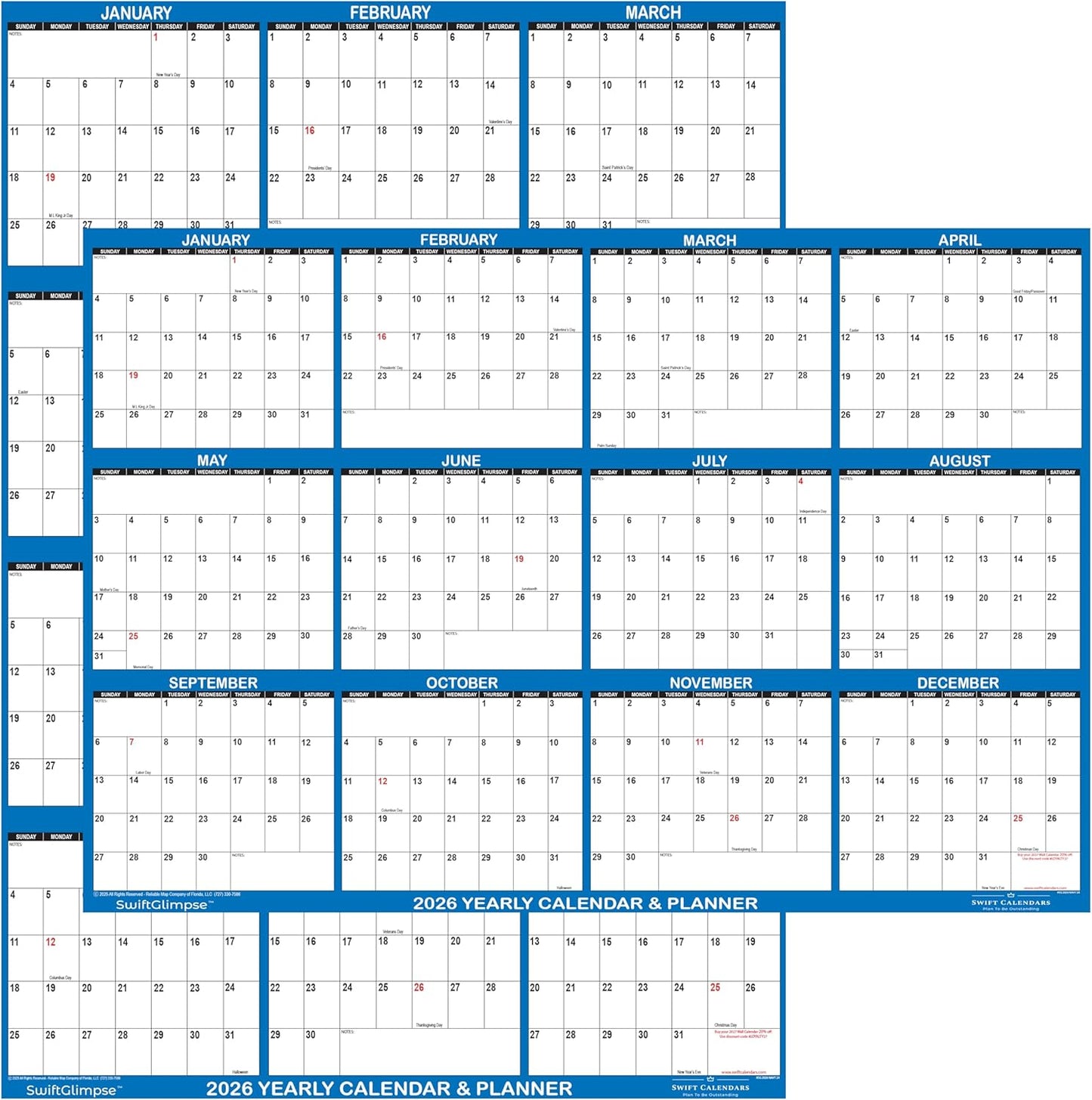 24" x 36" SwiftGlimpse 2026 Paper Folded Wall Calendar Large 12 Month Annual Yearly Wall Planner, Reversible, Horizontal/Vertical, Navy