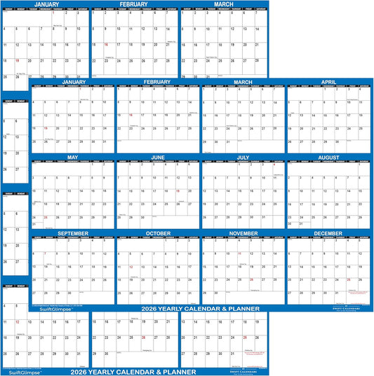 24" x 36" SwiftGlimpse 2026 Paper Folded Wall Calendar Large 12 Month Annual Yearly Wall Planner, Reversible, Horizontal/Vertical, Navy