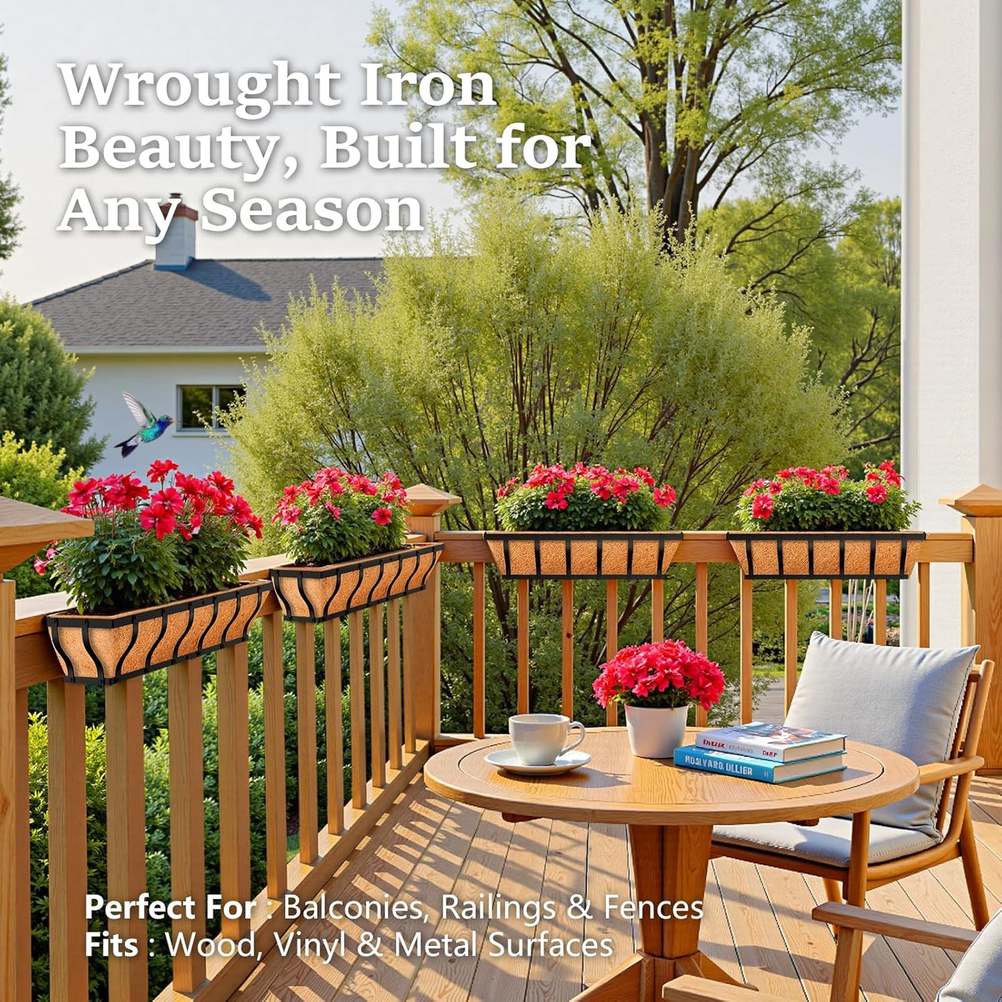 Railing Planter Boxes, Heavy Duty Window Box Planters, Adjustable Balcony Planters for Railing Hanging, with Coco Liner & Support Rod for Deck, Porch, and Patio Gardening (3 Pack, 24 Inch)