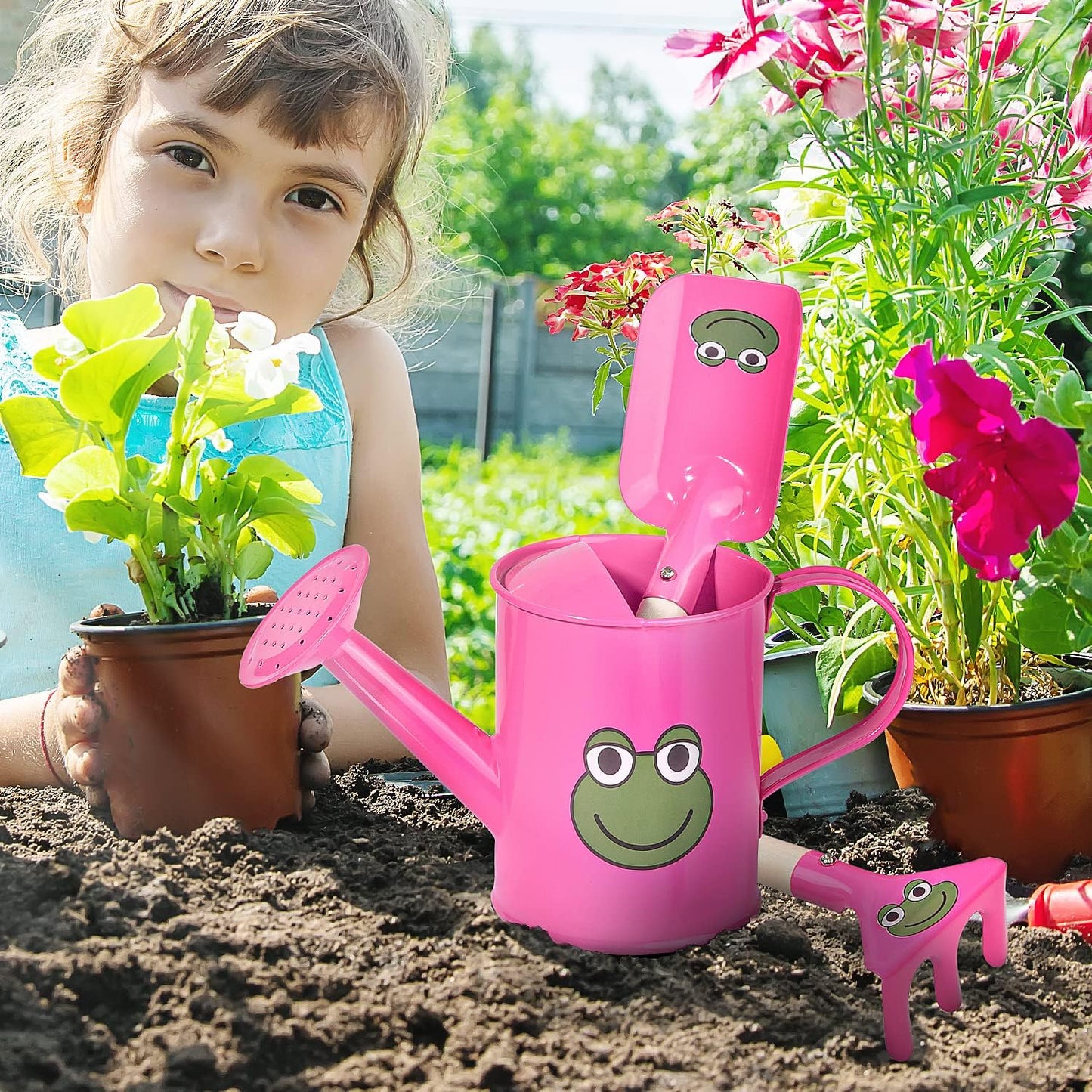 Sungmor Small Watering Can Set Cute Little Gardener Kit | Package Includes 3PC Rose Red Frog Watering Can & Trowel & Rake Gardening Hand Tools | Perfect for Garden,Yard or Beach