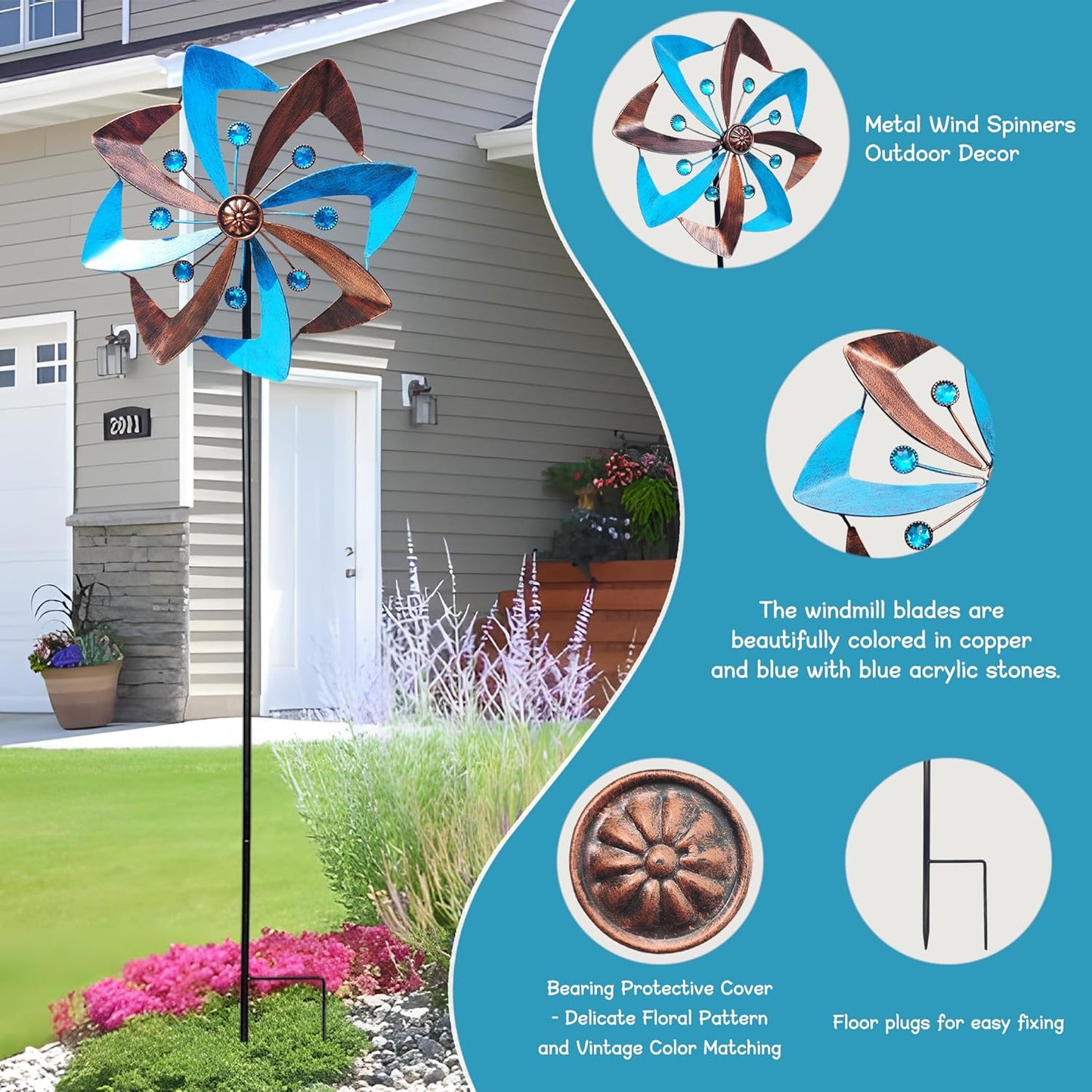 Wind Spinners Outdoor, 10 inch Wind Sculptures & Spinners, Metal Kinetic Wind Spinner, Decorative Pinwheels Large Wind Spinners for Yard and Garden Decor, Blue