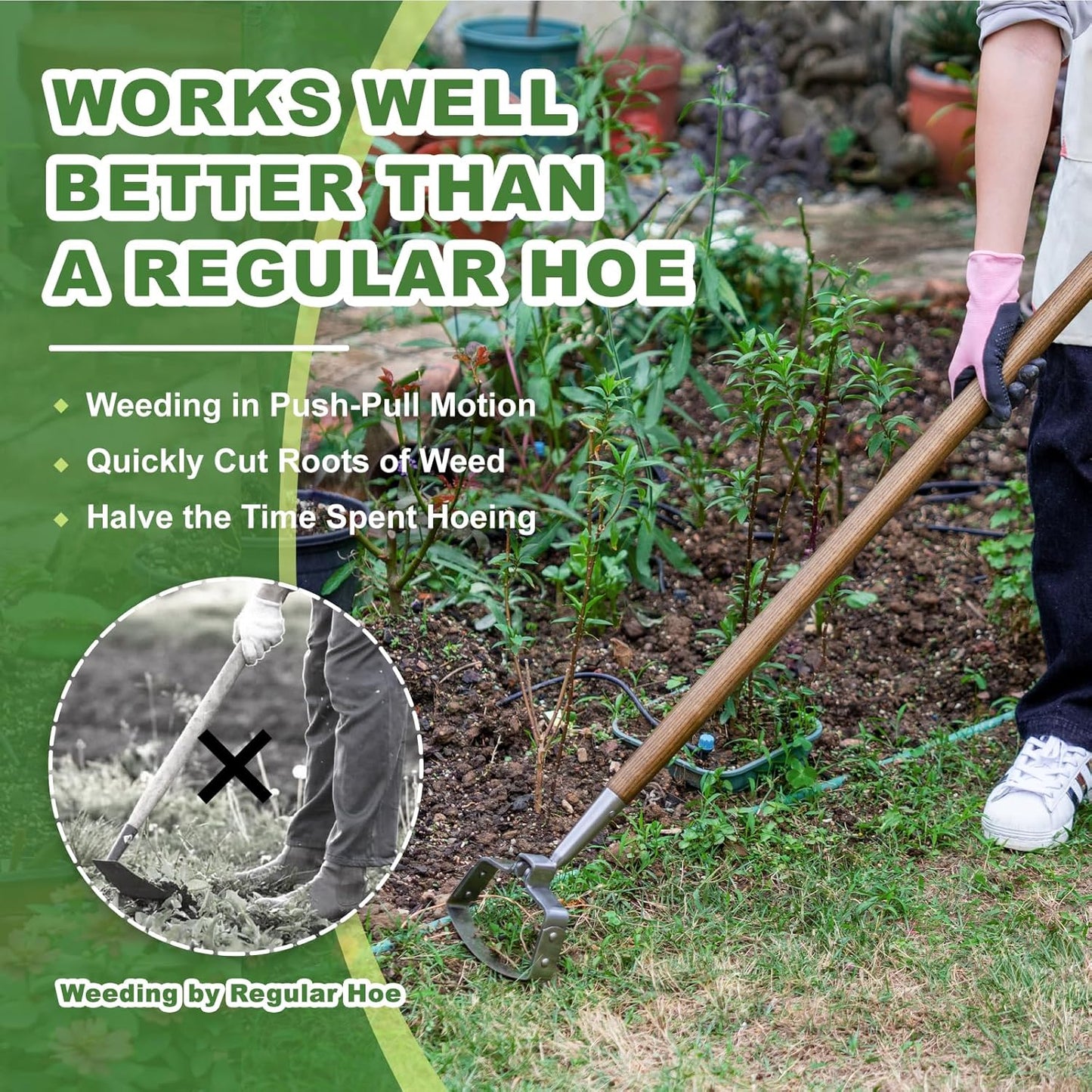 Haliaeetus Hula Hoe, 58'' Stainless Steel Stirrup Hoe, Action Hoe for Weeding in Push-Pull Motion, Scuffle Hoe with Comfortable Wood Long Handle for Standing to Weed on Flower Bed and Between Plants