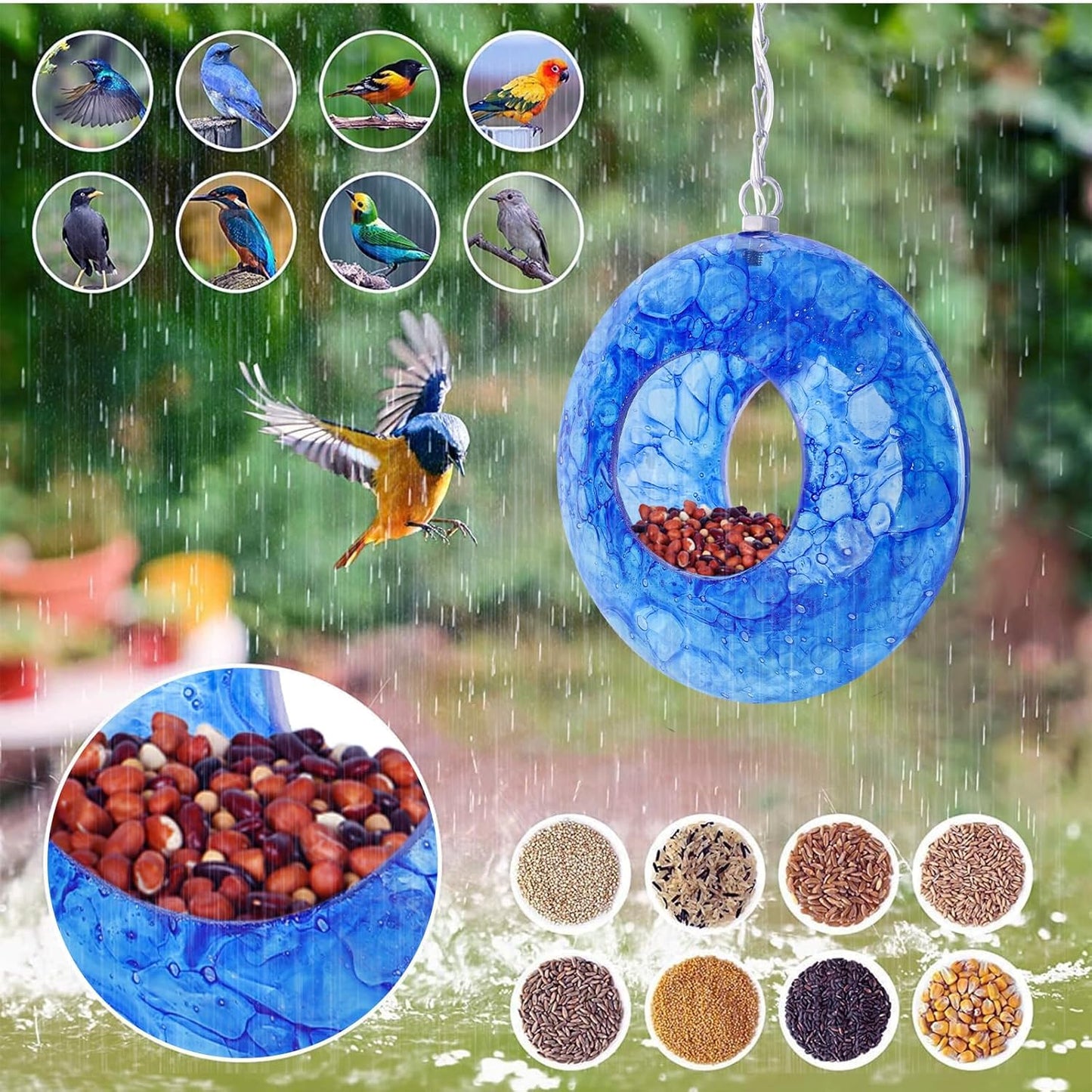 Yinns Mosaic Bird Feeders for Outside Hanging Fly Through Bird Feeder with Round Shape Solar Birdfeeder for Yard Garden Decor Bird Lvoers Gifts, 8-Inch Bule