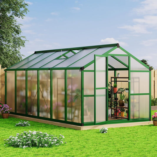 8x12 FT Greenhouse, Large Aluminum Greenhouses for Outdoors, Heavy Duty Polycarbonate Greenhouse with Roof Vent, Walk-in Green Houses for Winter Garden, Backyard, Patio, Lawn, Easy Assembly