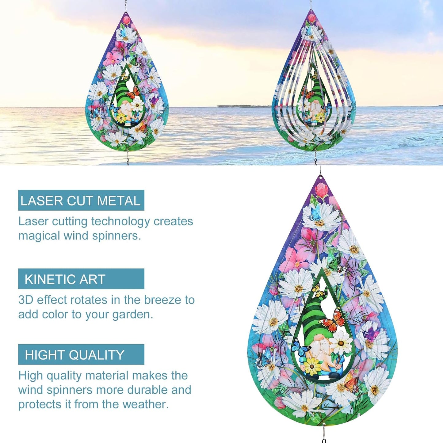 Gnomes and Butterfly Hanging Wind Spinners, Outdoor 3D Metal Sculptures for Garden and Yard Decoration Large Wind Spinner with a 360° Rotating Hook, Gifts for Women Mom Grandma Wife