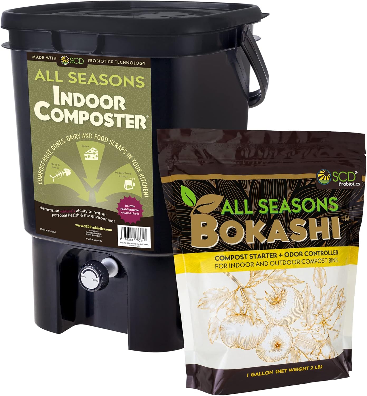 All Seasons Indoor Composter Starter Kit – 5 Gallon Black Compost Bin For Kitchen Countertop With Lid, Spigot & 1 Gallon (2 lbs.) Bag Of Dry Bokashi Bran – Made In USA by SCD Probiotics