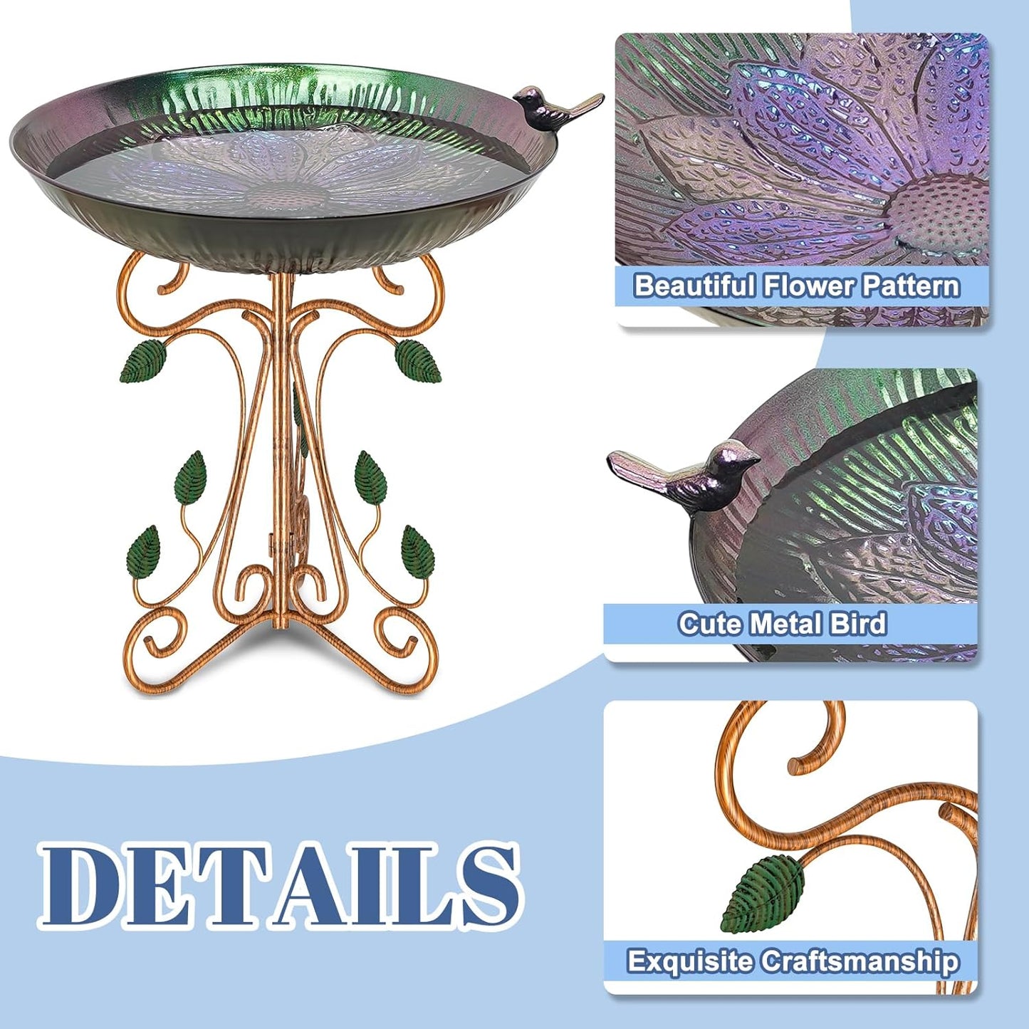Vintage Metal Bird Bath for Outside, 13" Dia Birdbaths Bowl with Cast Iron Pedestal, Large Antique Bird Feeder with Folding Bracket for Outdoors Garden Patio Yard Decor (Purple Lotus)