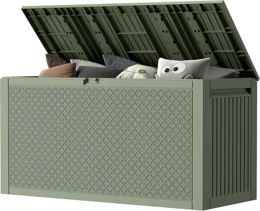 90 Gallon Outdoor Storage Box, Lockable Outside Storage Box Waterproof, Patio Cushions Deck Storage Boxes, Rattan Plastic Garden Hose Containers Resin Pool Storage Bins with lids, Sage Green