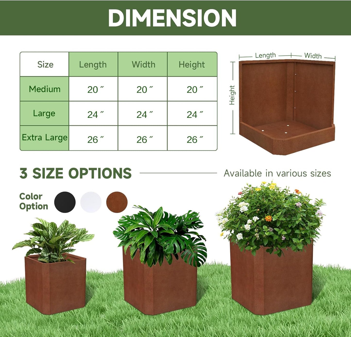Corten Steel Planter Box-26"x26"x26"-Large Square Planter Matel -Outdoor Indoor- Heavy Duty Rustic Tall Planter Flower Pot Commercial Residential for Patio Porch Deck Home Backyard