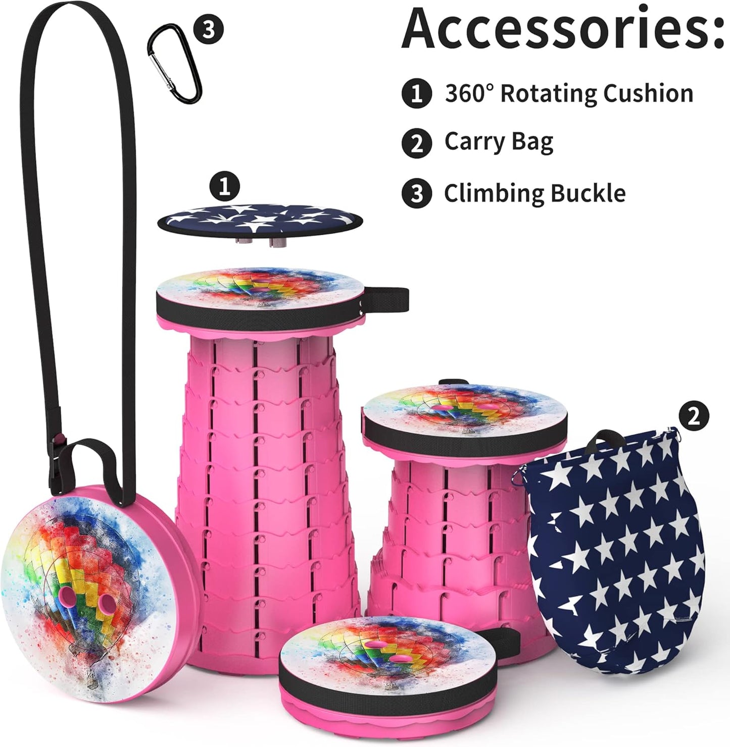 ALEVMOOM Upgraded Telescoping Collapsible Stool with Cushion, Folding Stool with Printing Portable Retractable Foldable Seat Max Load 550lbs for Adults Camping Fishing Outdoor