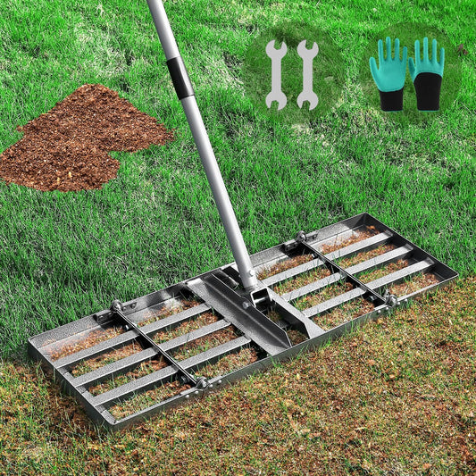 Lawn Leveling Rake, Lawn Leveler with Stainless Steel Long Handle, Heavy Duty Yard Level Tool for Leveling Soil, Sand Or Dirt Surfaces, Gardening Gloves Gift Included (30x10in)