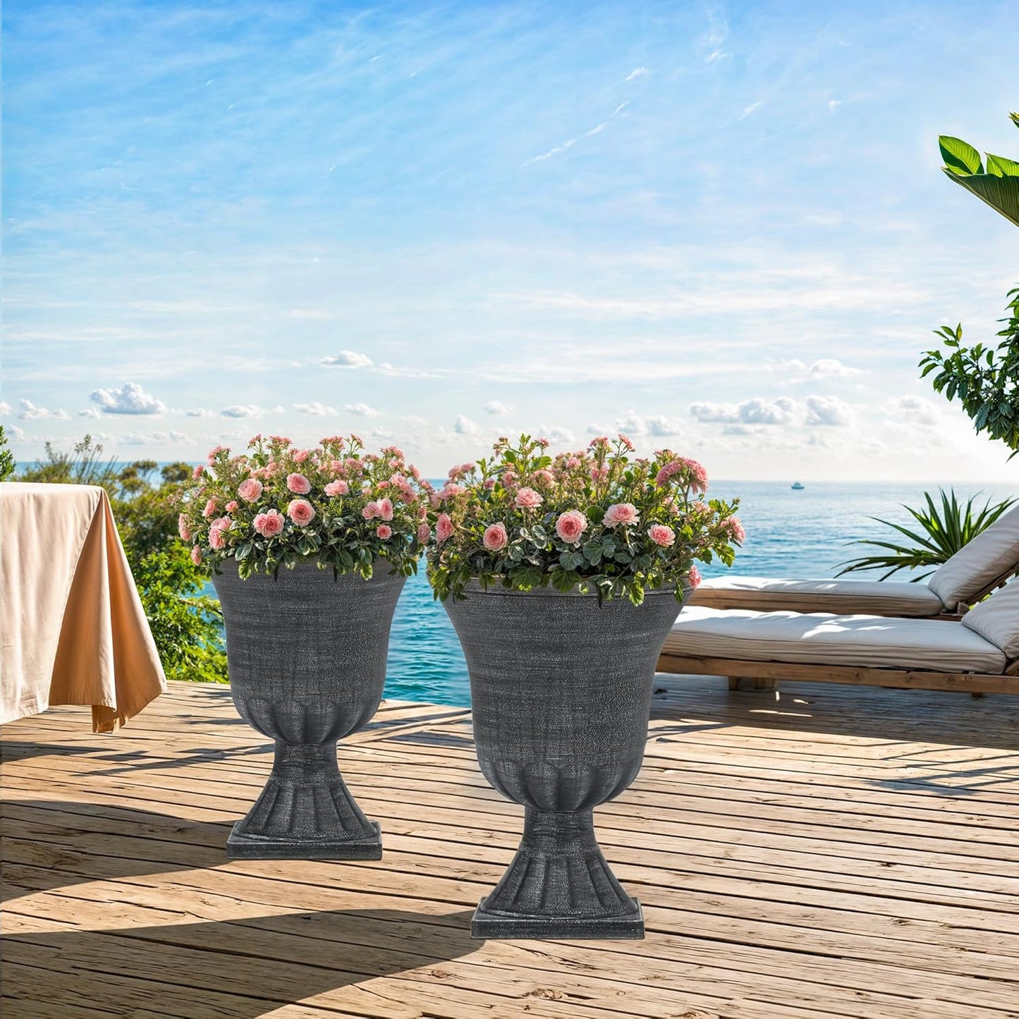 22" Timeless Urn Planters for Outdoor Plants, Set of 2 Plastic Large Flower Pot with Handmade Washed Black Finish, Weather-Resistant for Porch, Garden, Patio or Indoor Use