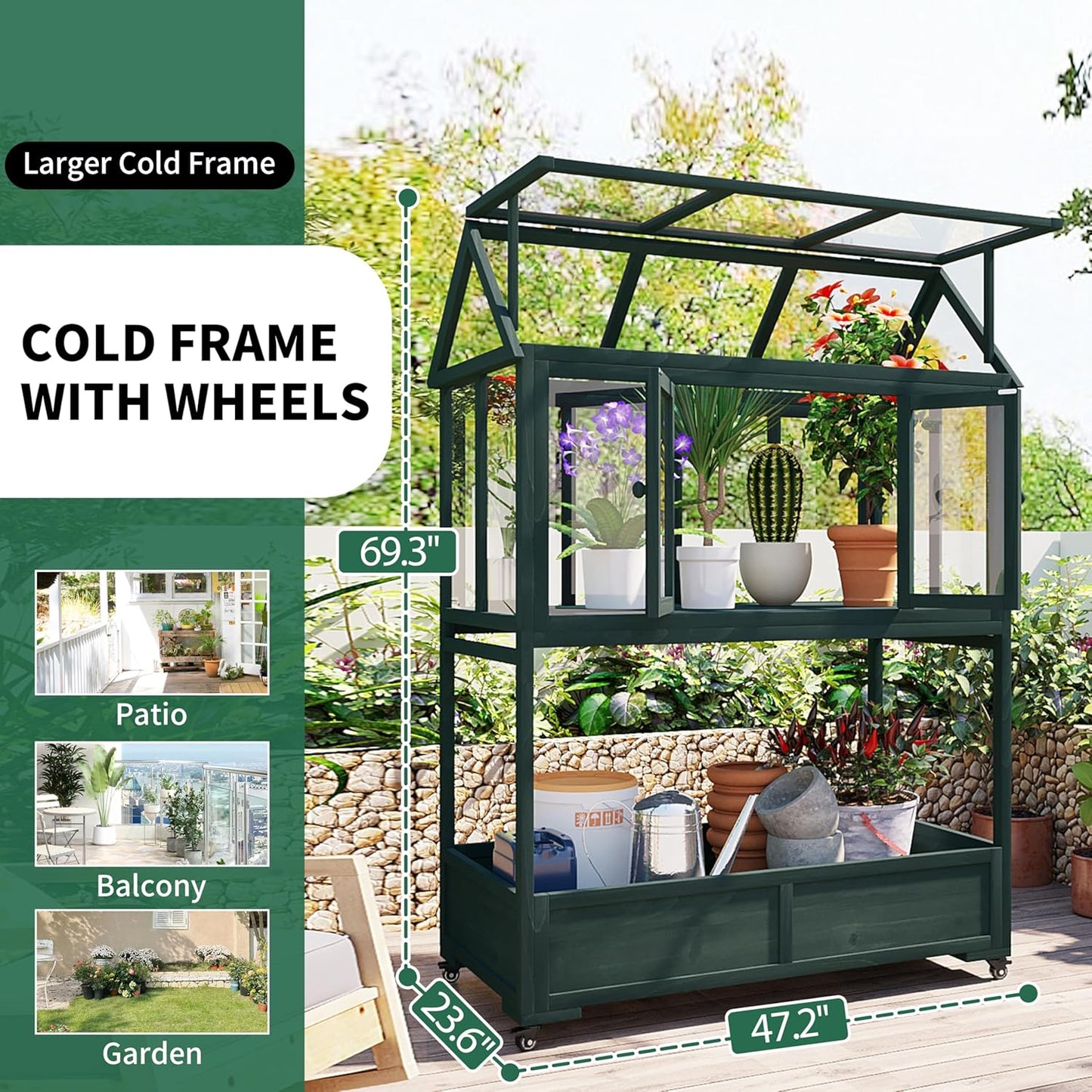 Portable Cold Frame Greenhouse with Wheels , Wooden Mini Greenhouse Cabinet for Gardens & Balconies , Openable Roof Design & Built-in Storage Box ,Easy-to-Move & Durable (Green)