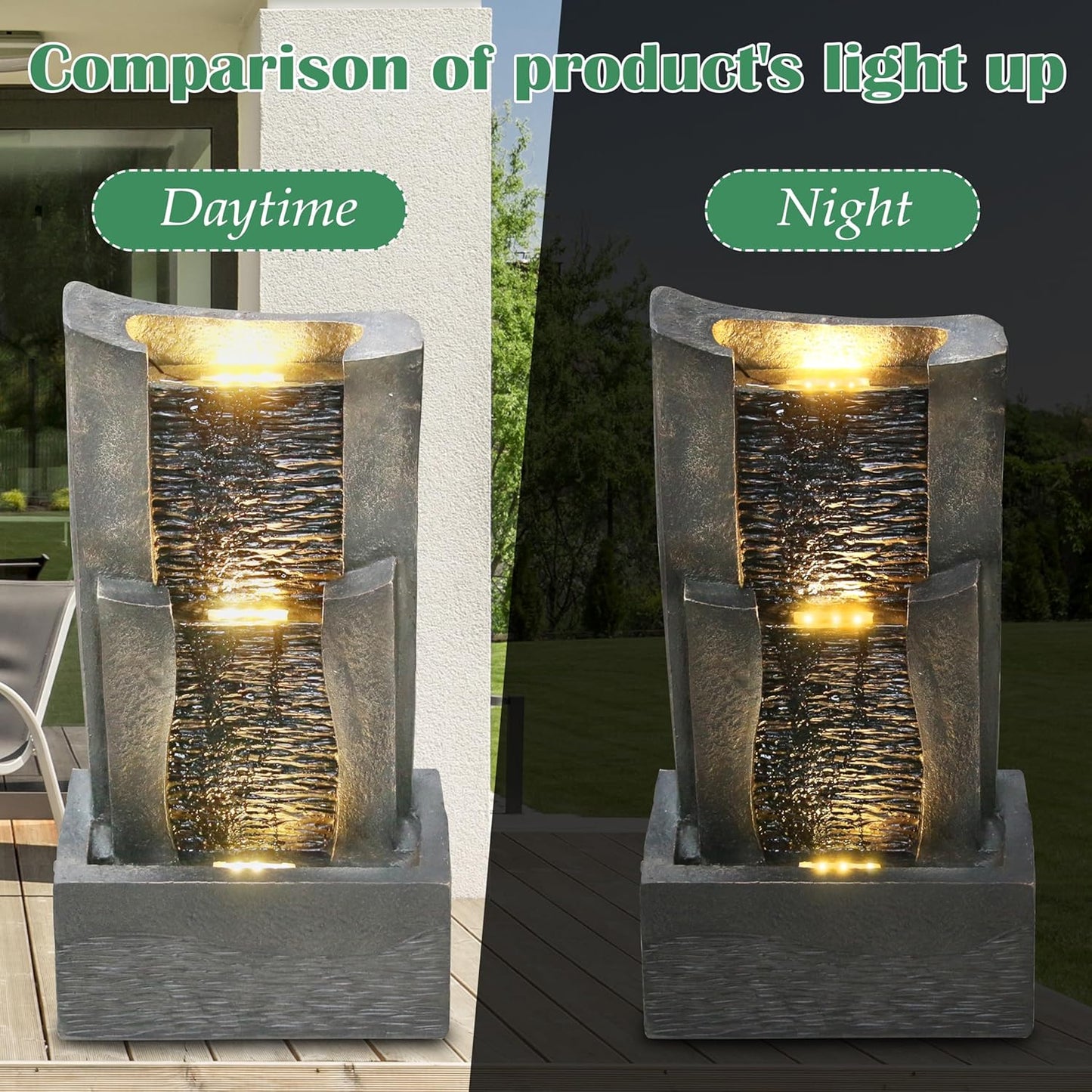 3-Tiers Outdoor Rock Water Fountain with LED Light, Standing Cascading Water Feature, Faux Stone Waterfalls Fountain Decor for Garden Patio Yard Lawn and Deck (Grey)