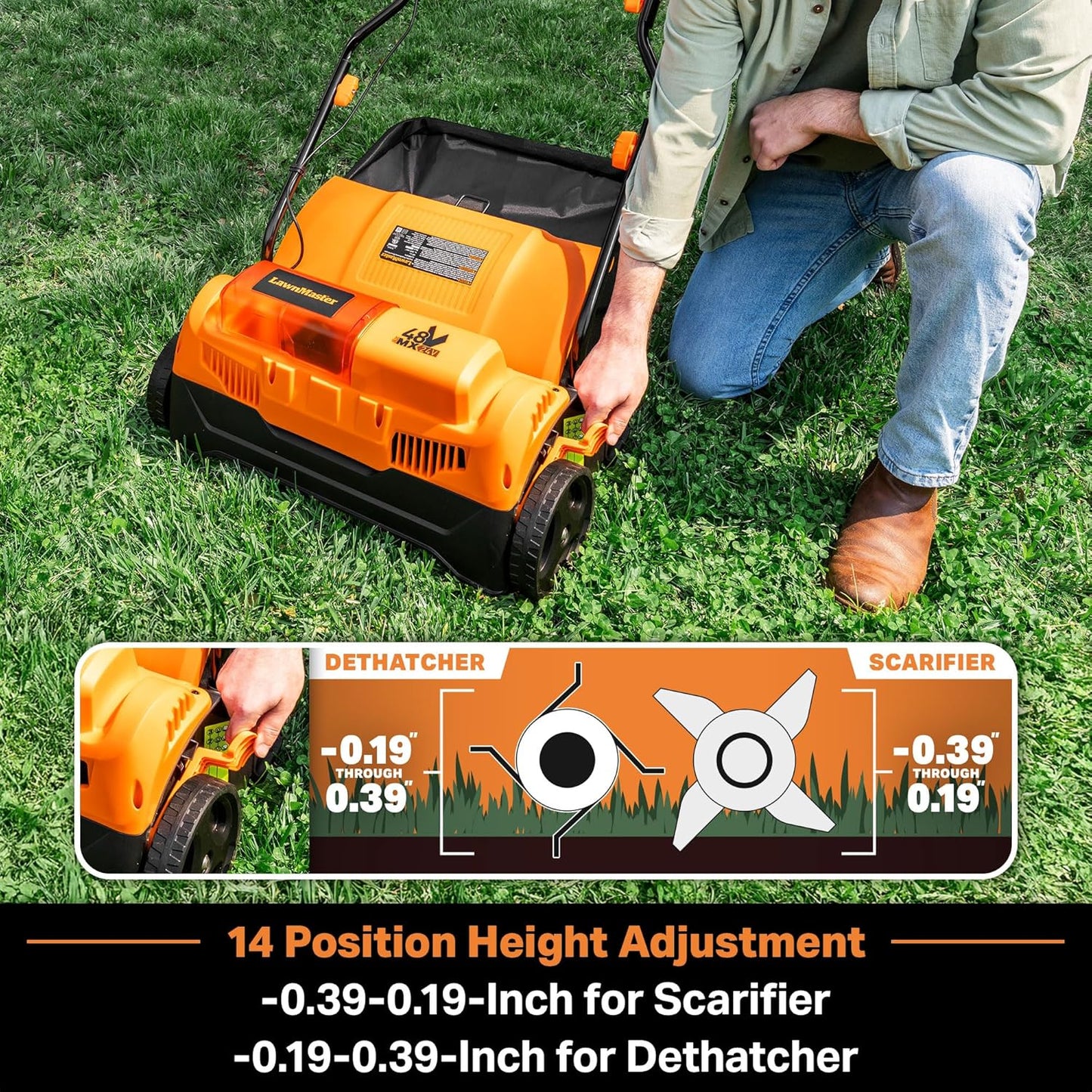 LawnMaster 48V MAX Brushless 16” Cordless Scarifier & Dethatcher with Removable Thatch Collection Bag Quick-Fold – CLGVB4816