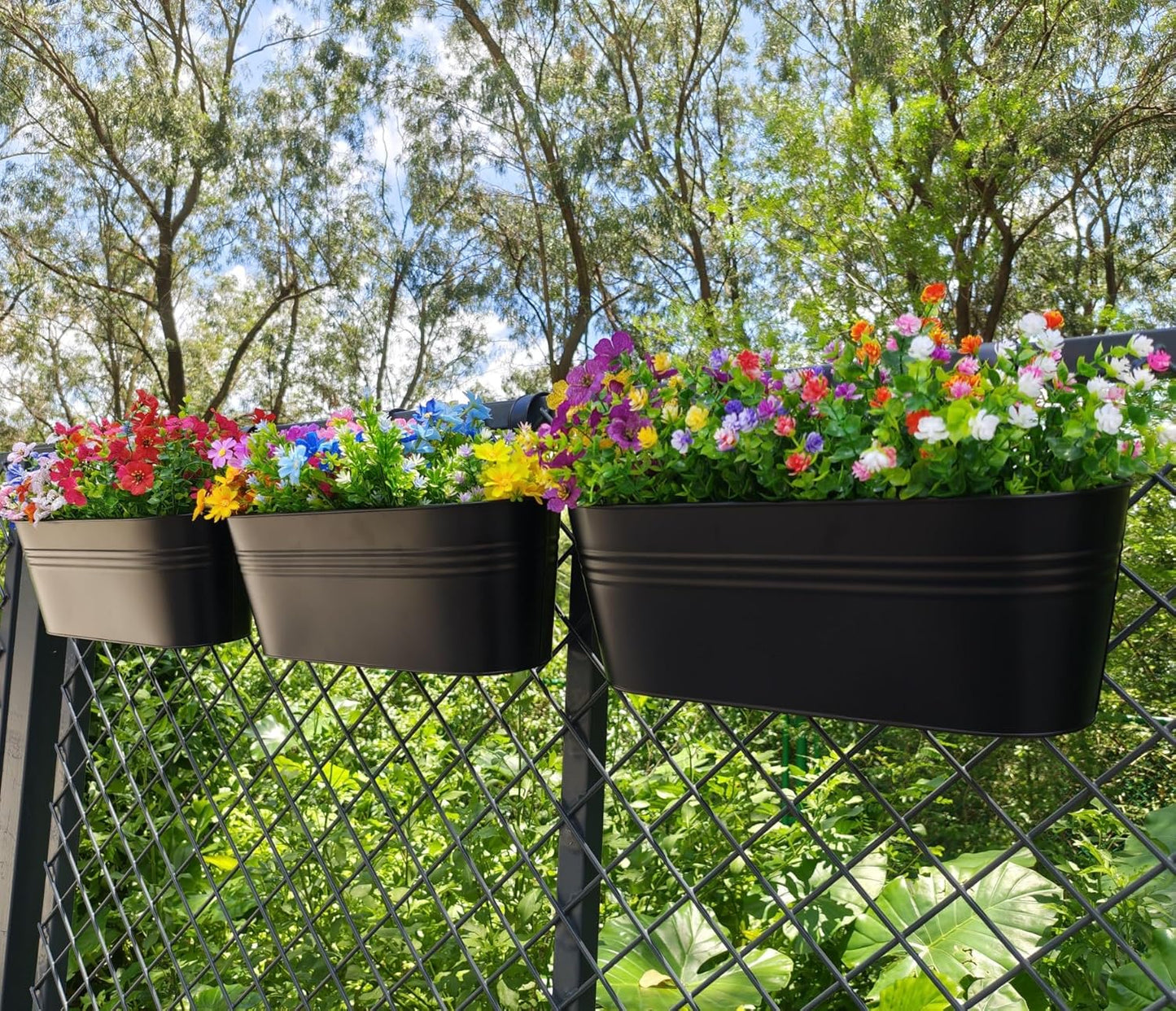 3 Pcs Large Balcony Planters Railing Hanging Flower Pots- 16.2 Inch Metal Railing Planter Box Fence Planters for Outdoor Plants with Detachable Hooks and Drain Holes for Garden Decor (Black-16.2inch)