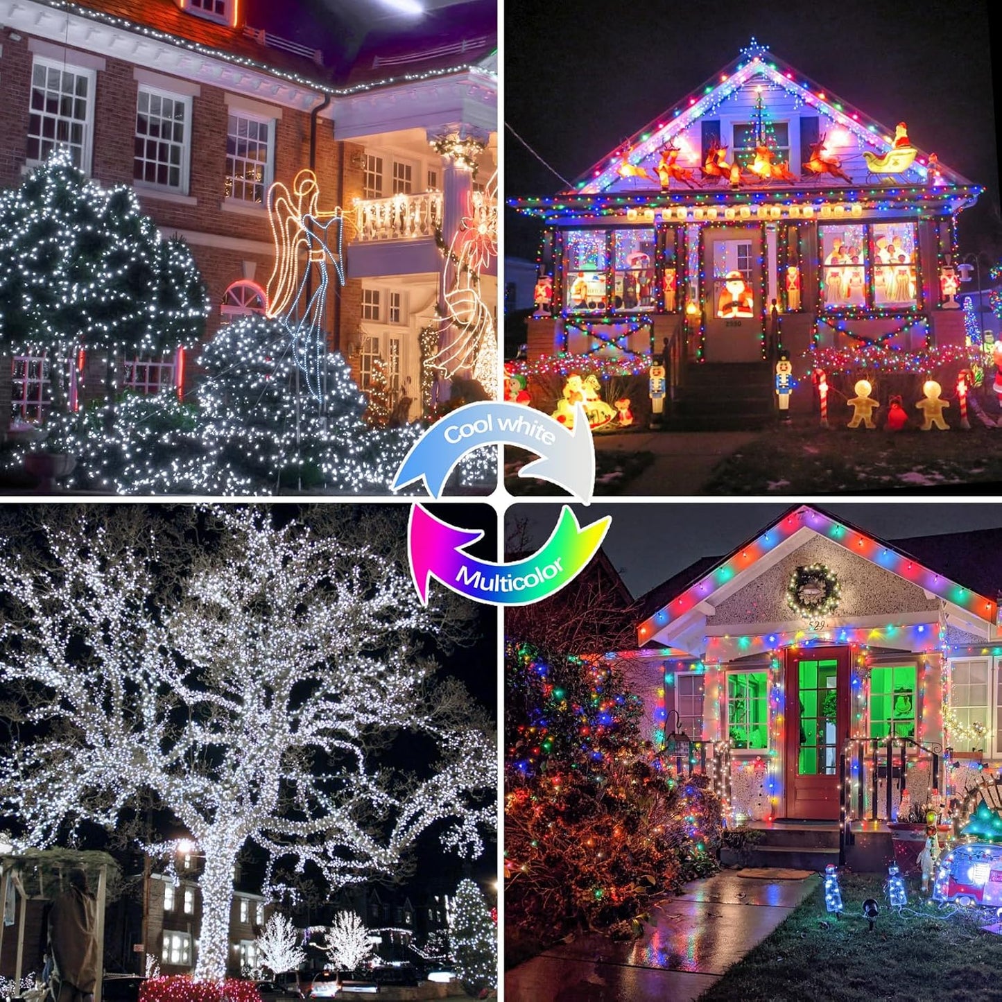 SANJICHA Cool White and Multicolor Color Changing Solar String Lights, Extra-Long 2PK 144FT 400LED Solar Fairy Lights Outdoor Waterproof, Copper Wire 8 Modes for Garden Party Wedding Decorations