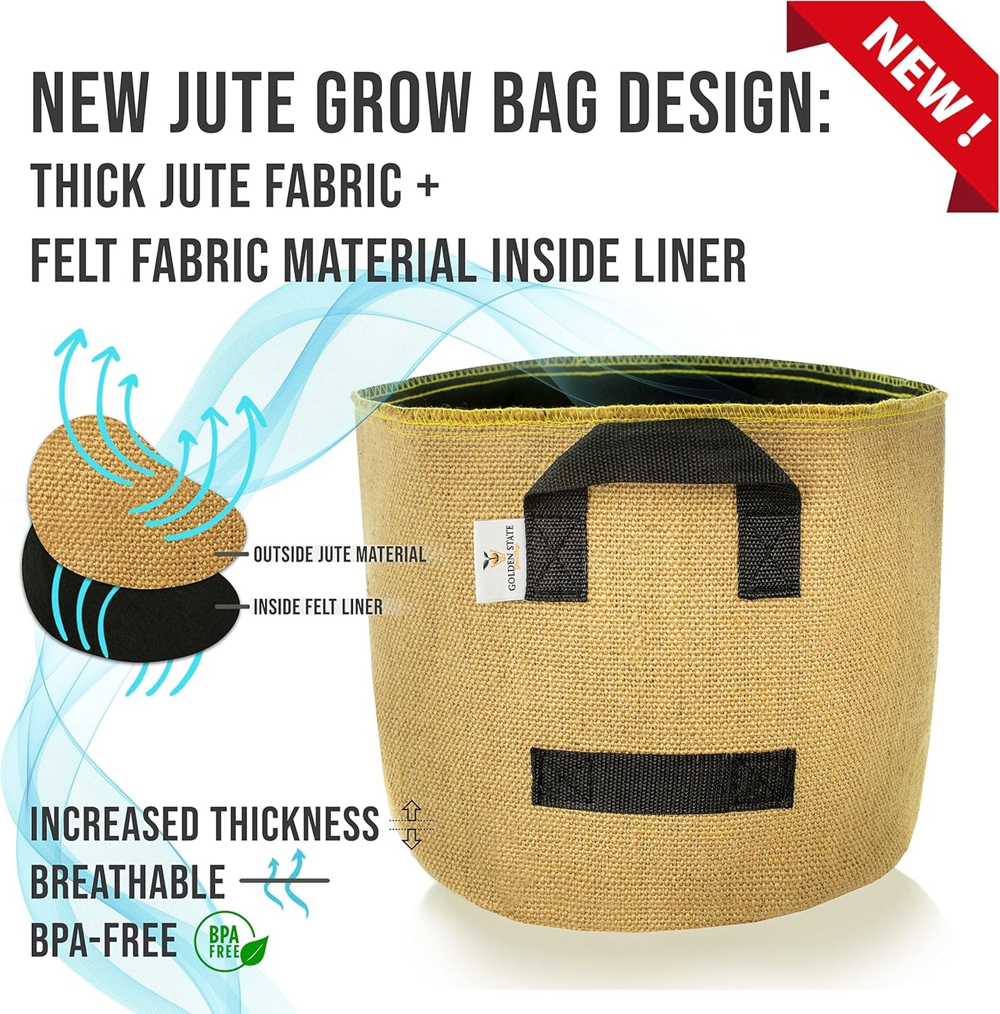 Grow Bags: 5-Pack (Size: 20 Gallon): Thick Jute Material + Inside Felt Fabric Liner, w/Yellow Stitch. Very Biodegradable and eco-Friendly Material. (Handles + Dumping Handles-pat.Pend).