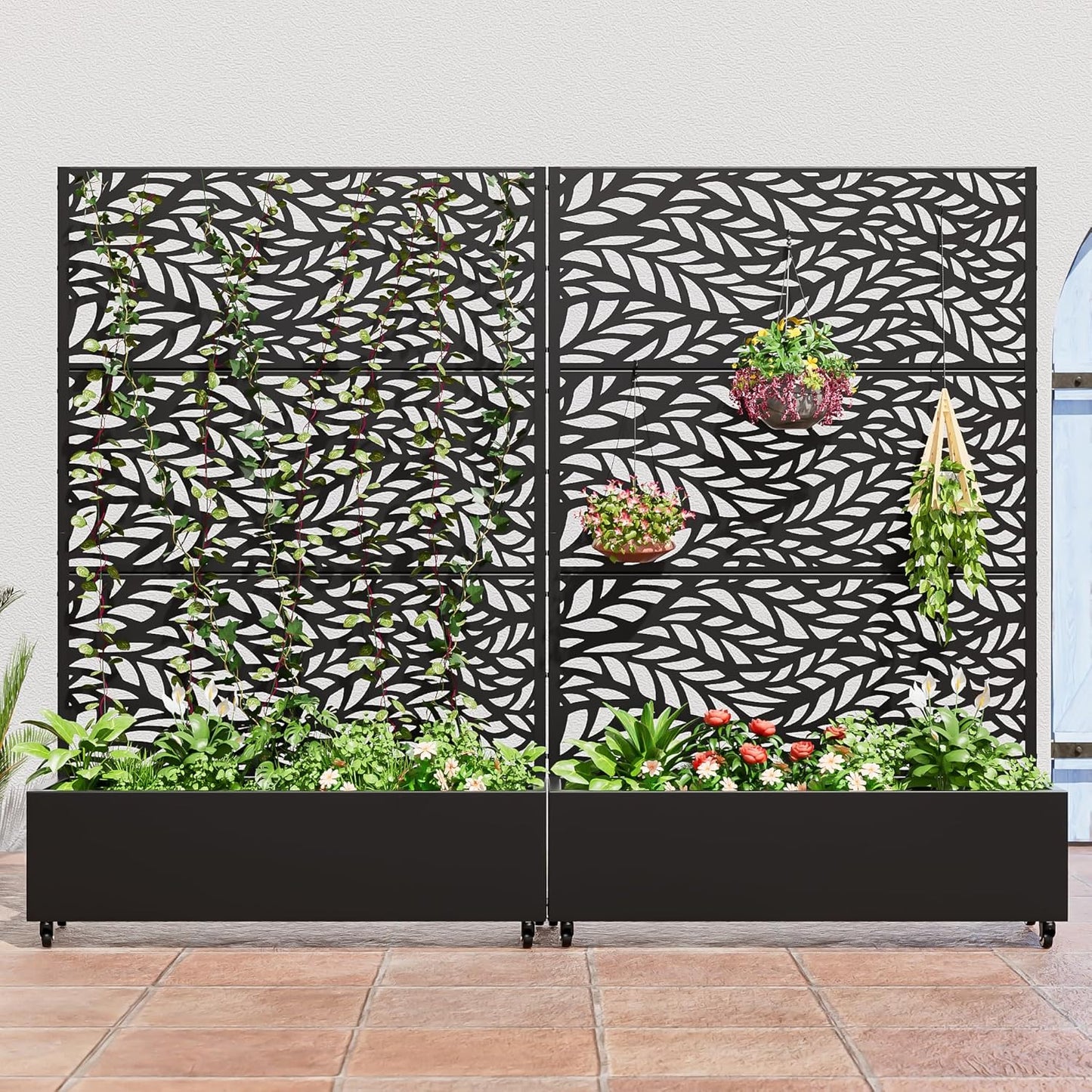 Casaphoria Metal Raised Garden Bed with Trellis and Wheels, 72"x47"x16" Planter Box for Climbing Plants, Vegetables & Vines, Features Drainage Holes and Privacy Screen (Black-Spring)
