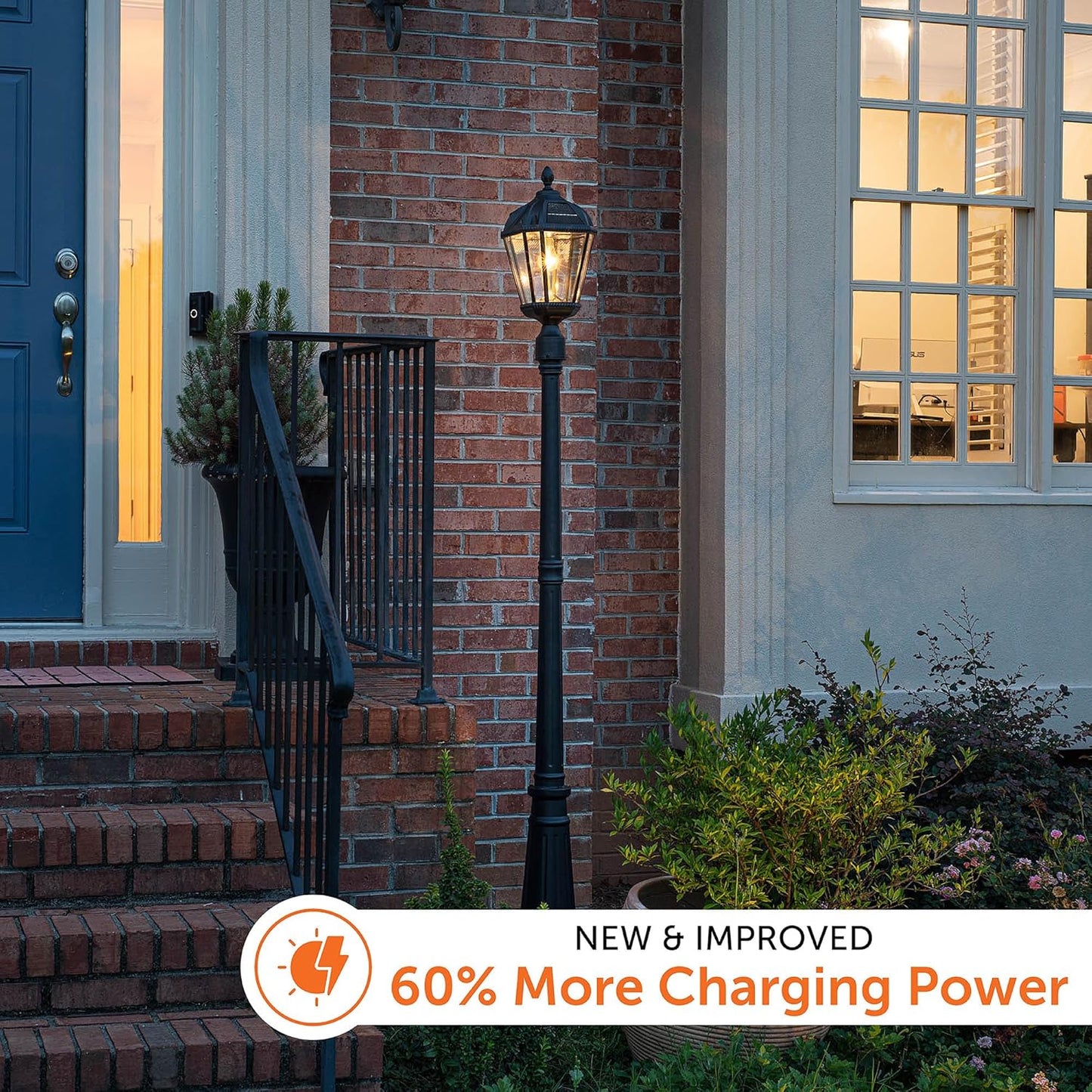 Gama Sonic Solar Outdoor Lamp Post Light, Black Cast Aluminum and Beveled Glass Panels, 10-Year Royal Bulb, Warm White LED with Omni-Direction Reflector, 87-inch Height, 98B001 (Upgraded Panel)